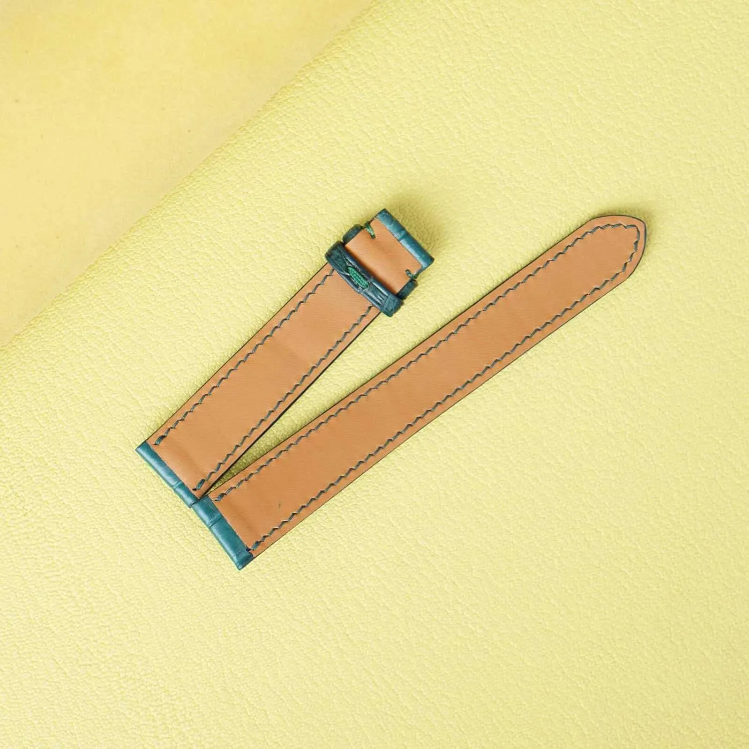 Malachite Green Alligator leather watch band, Handmade Alligator watch strap (14mm, Steel Folding Clasp)