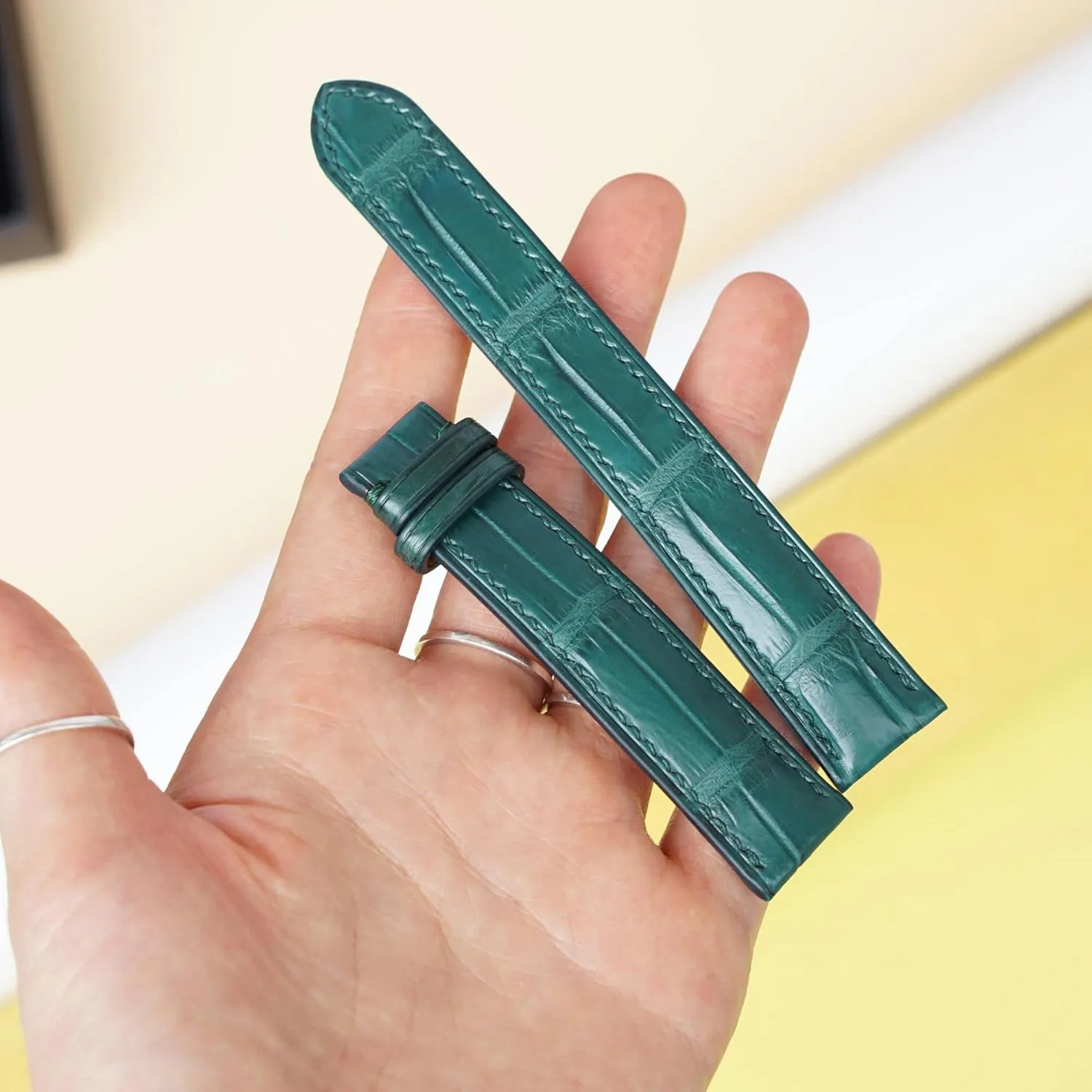 Malachite Green Alligator leather watch band, Handmade Alligator watch strap (14mm, Steel Folding Clasp)