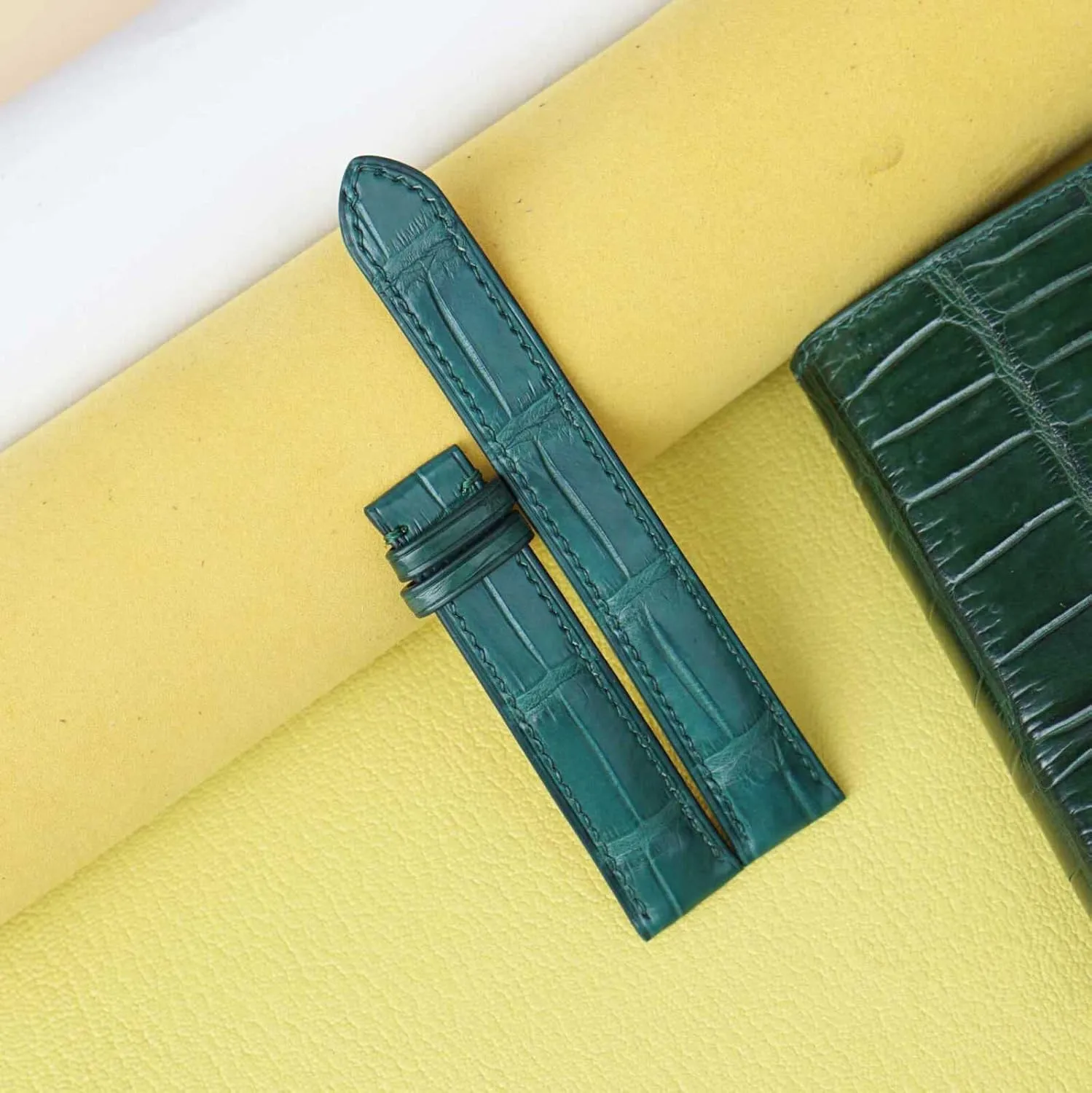 Malachite Green Alligator leather watch band, Handmade Alligator watch strap (14mm, Steel Folding Clasp)