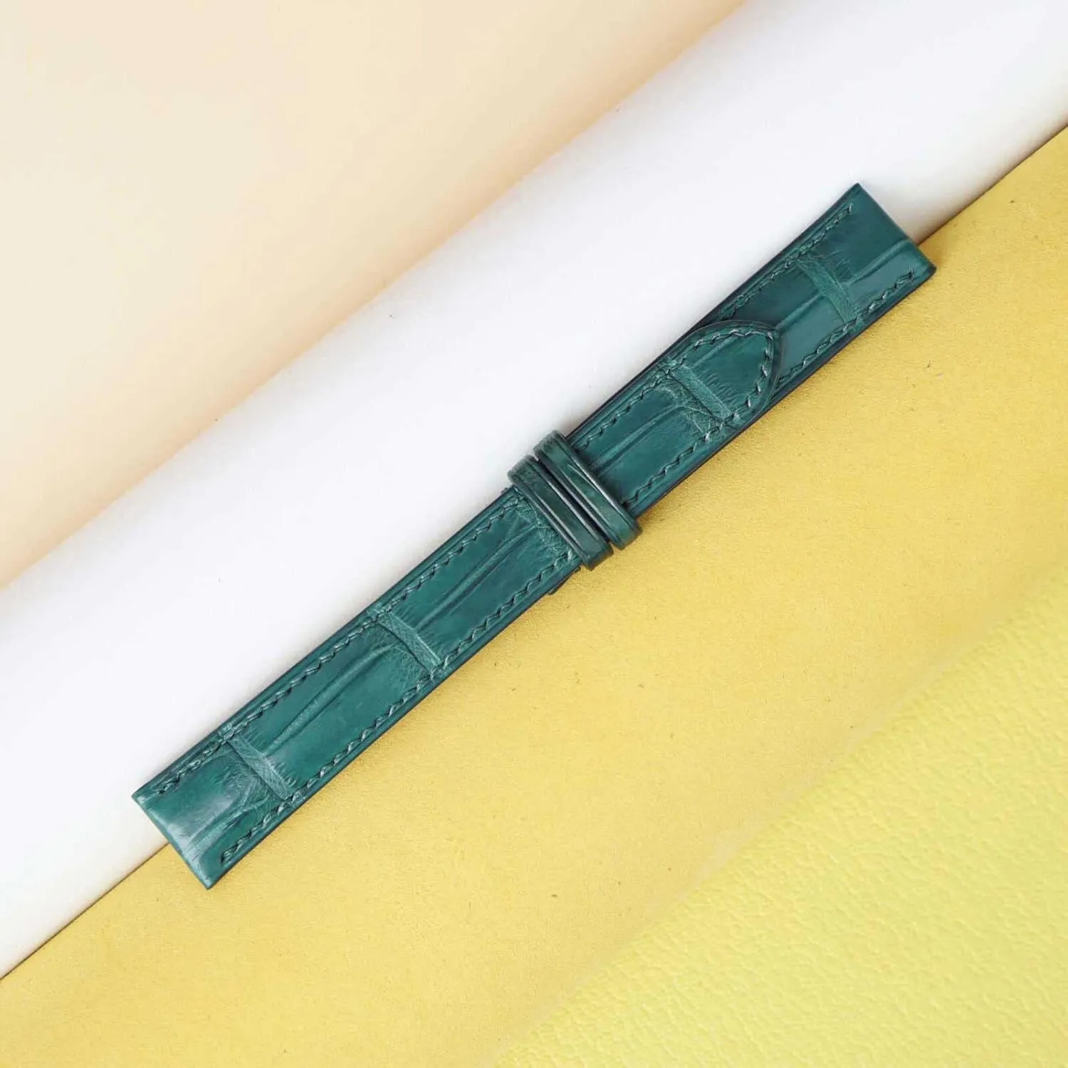 Malachite Green Alligator leather watch band, Handmade Alligator watch strap (14mm, Steel Folding Clasp)