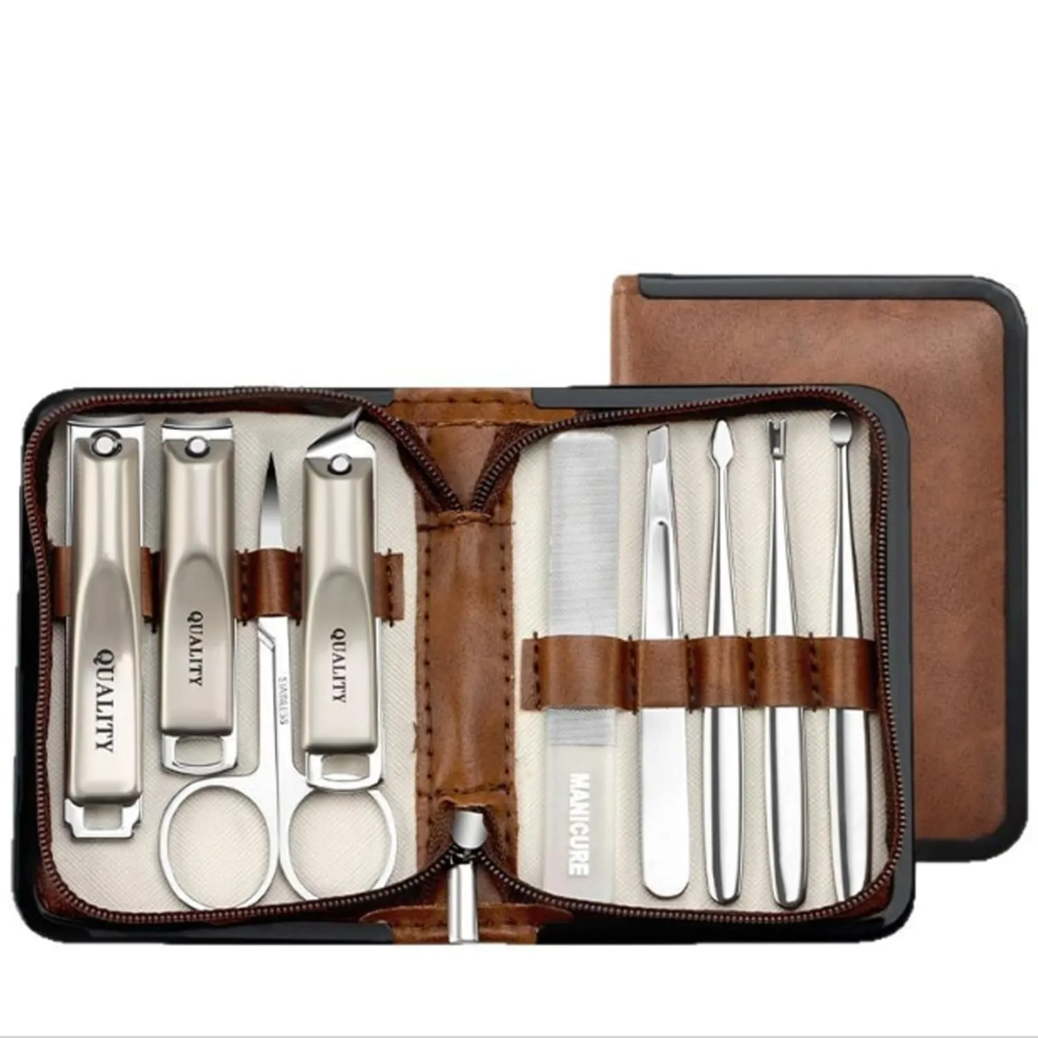 Manicure Set,Nail Clipper Set,9 Pieces Professional Stainless Steel Nail Care Tools,Pedicure Tools,with Brown Leather Bag for Home, Workplace, Outdoor Travel, Gift Giving (Brown)