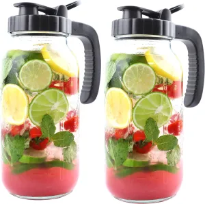 Mason Jar Pitcher 64 Oz With Handle Lid 2 Quart Sun Tea Glass Jar For Iced Hot Water 2 Set Wide Mouth Half Gallon Mason Jar Pitcher For Fridge Store Breast Milk Beverage Tea Coffee Airtight Water Jug
