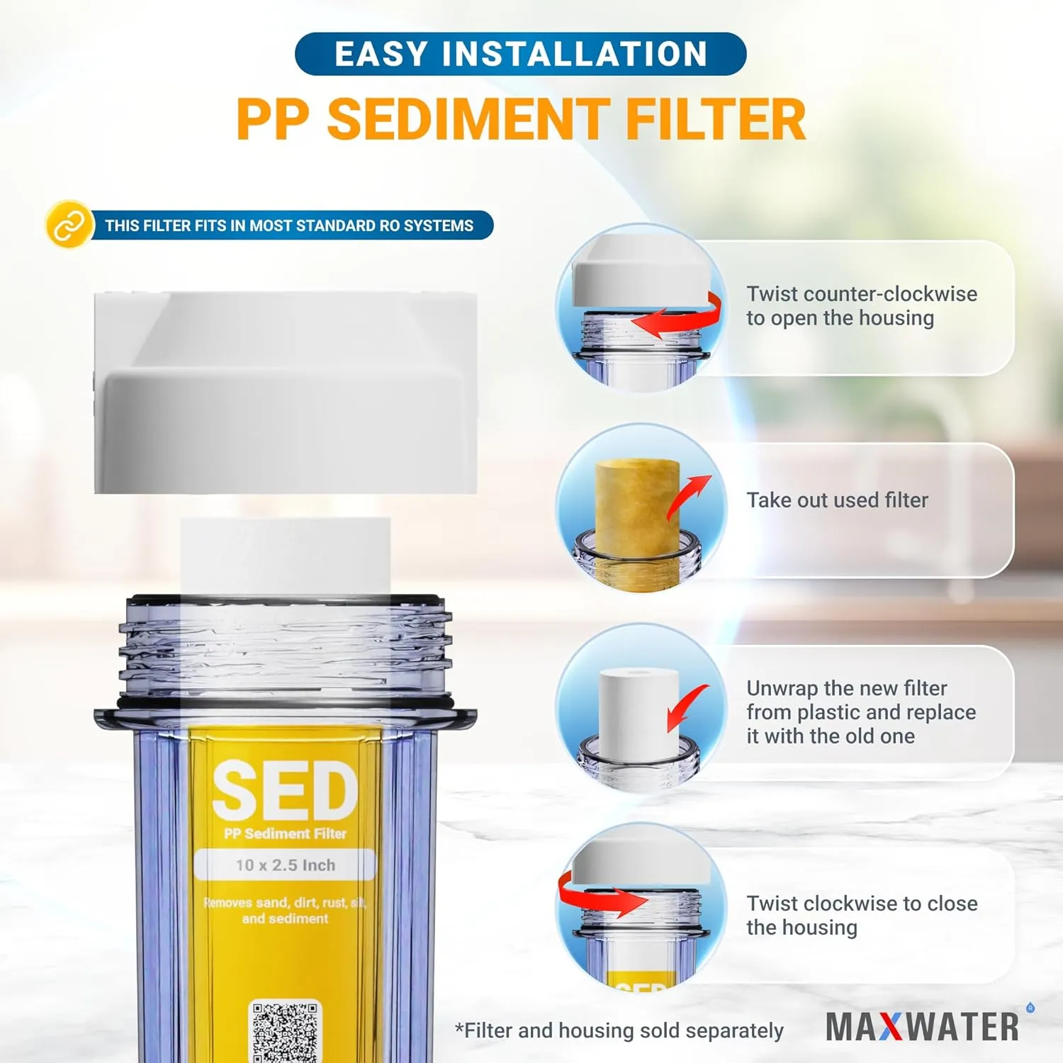 Max Water 10 inch x 2.5 inch, 5 Micron Replacement Sediment Water Filter Cartridge for Whole House, Melt Blown Filtration Fiber for Heavy Duty (Pack of 50)