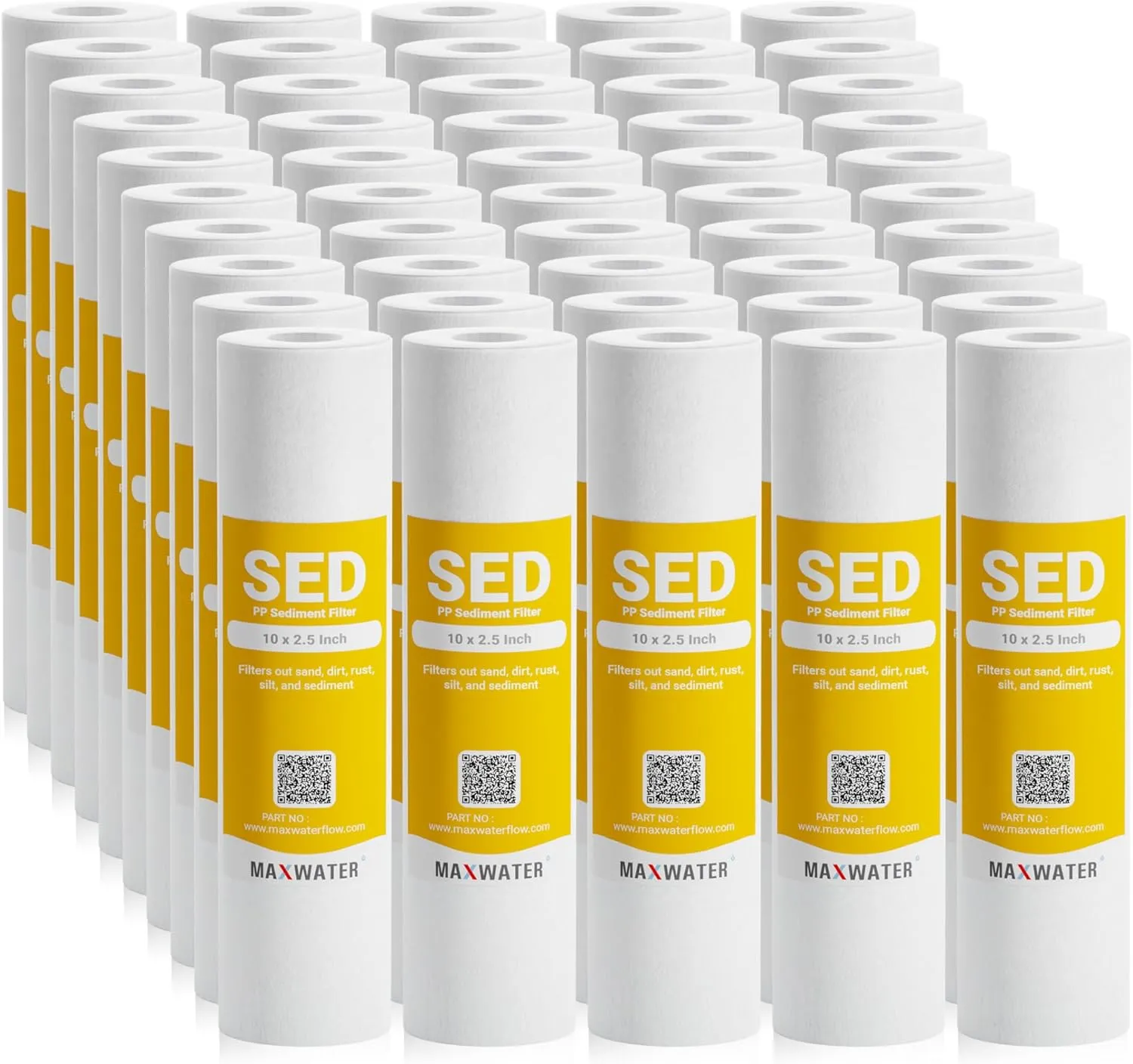 Max Water 10 inch x 2.5 inch, 5 Micron Replacement Sediment Water Filter Cartridge for Whole House, Melt Blown Filtration Fiber for Heavy Duty (Pack of 50)