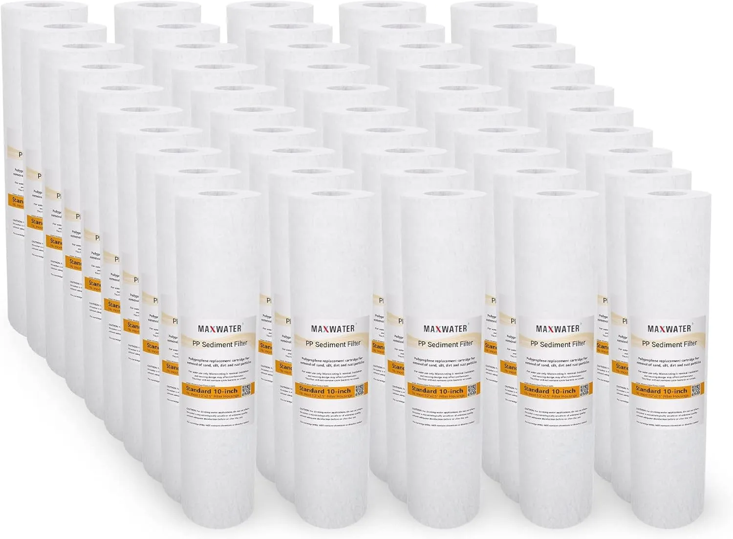 Max Water 10 inch x 2.5 inch, 5 Micron Replacement Sediment Water Filter Cartridge for Whole House, Melt Blown Filtration Fiber for Heavy Duty (Pack of 50)