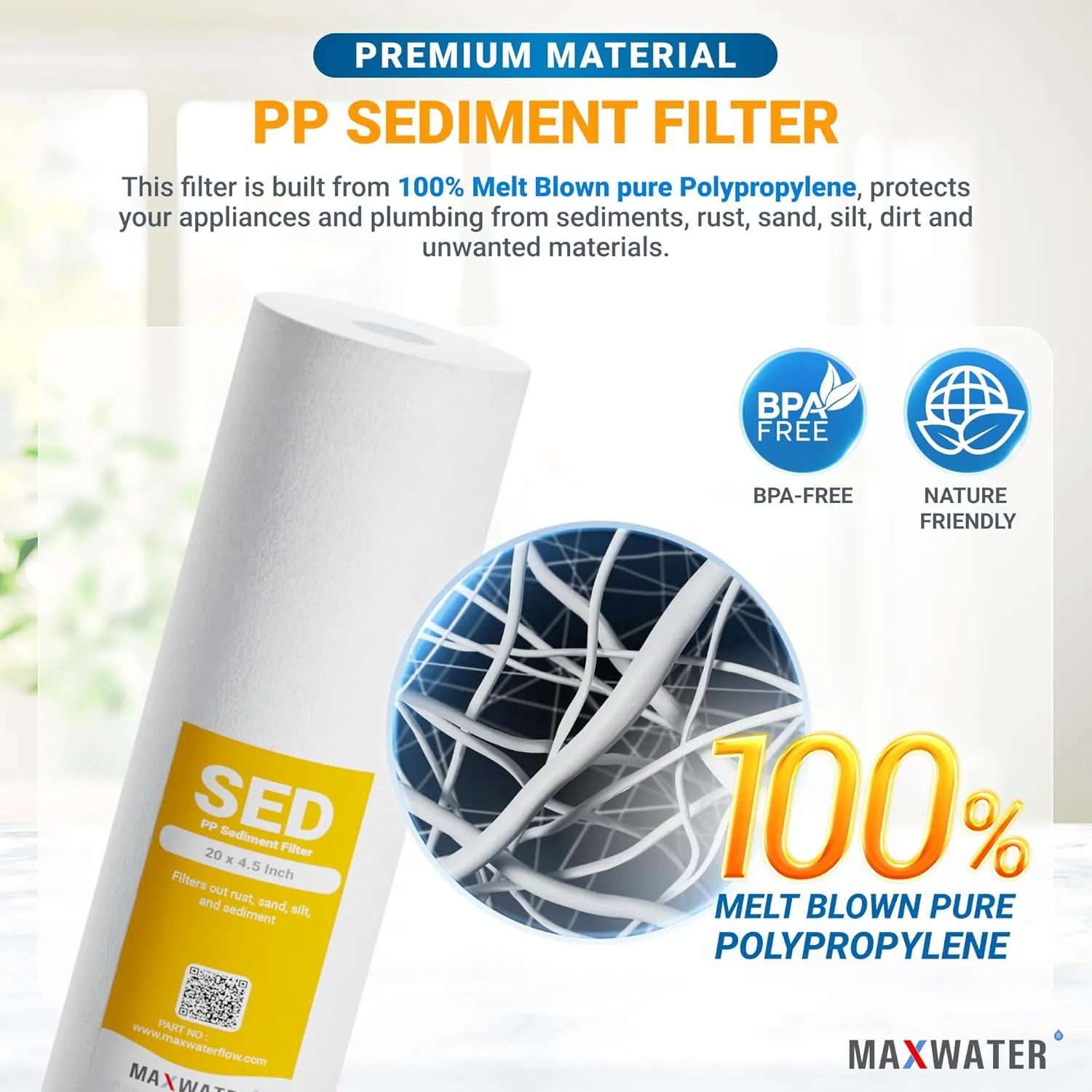Max Water 5 Micron 20 x 4.5 Sediment Filter 20 inch Whole House BB Water Filteration System Replacement Compatible Cartridge DGD-5005-20, FP25B, AP810-6, FPMB5-20, P5-20, 155358-43, 6 Pack