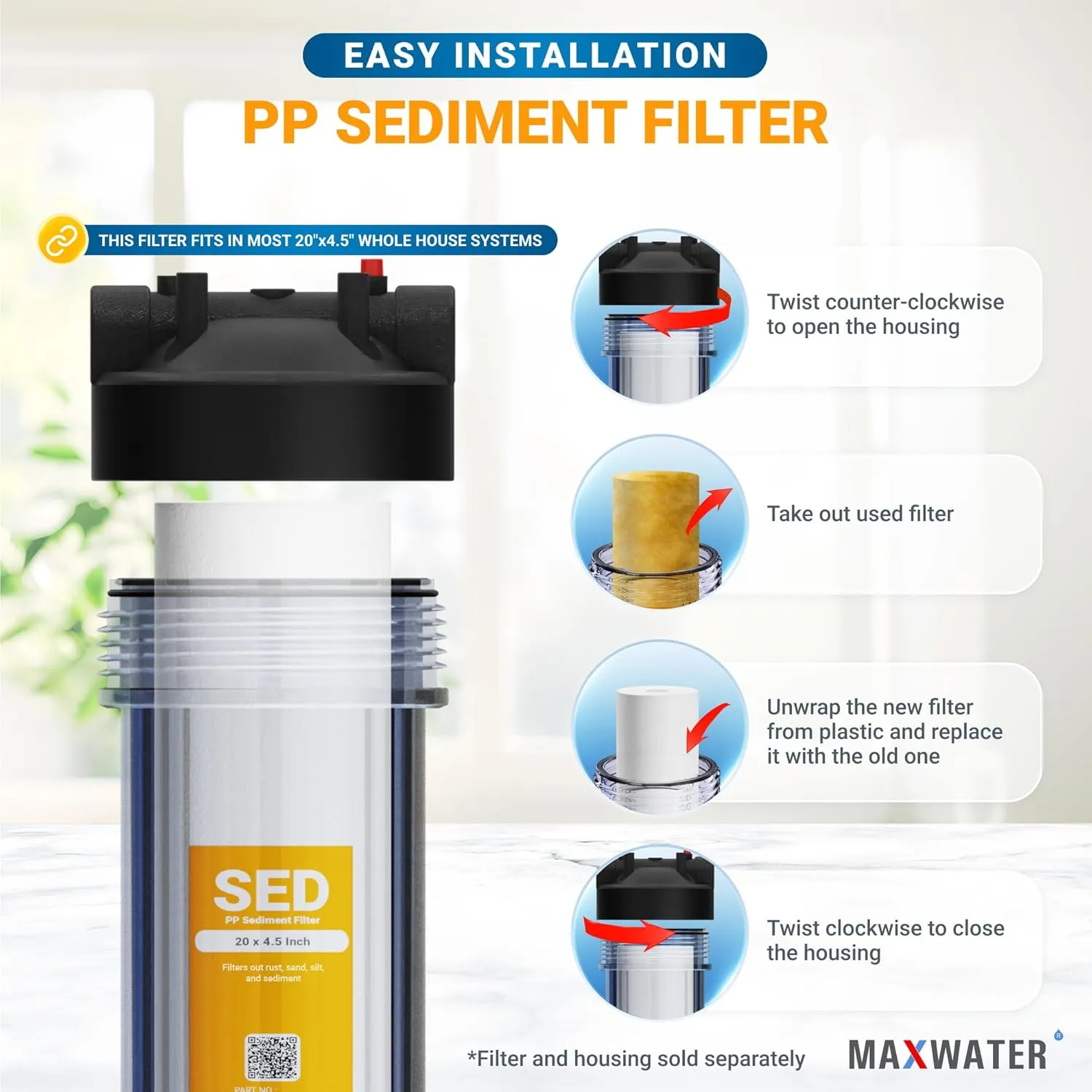 Max Water 5 Micron 20 x 4.5 Sediment Filter 20 inch Whole House BB Water Filteration System Replacement Compatible Cartridge DGD-5005-20, FP25B, AP810-6, FPMB5-20, P5-20, 155358-43, 6 Pack