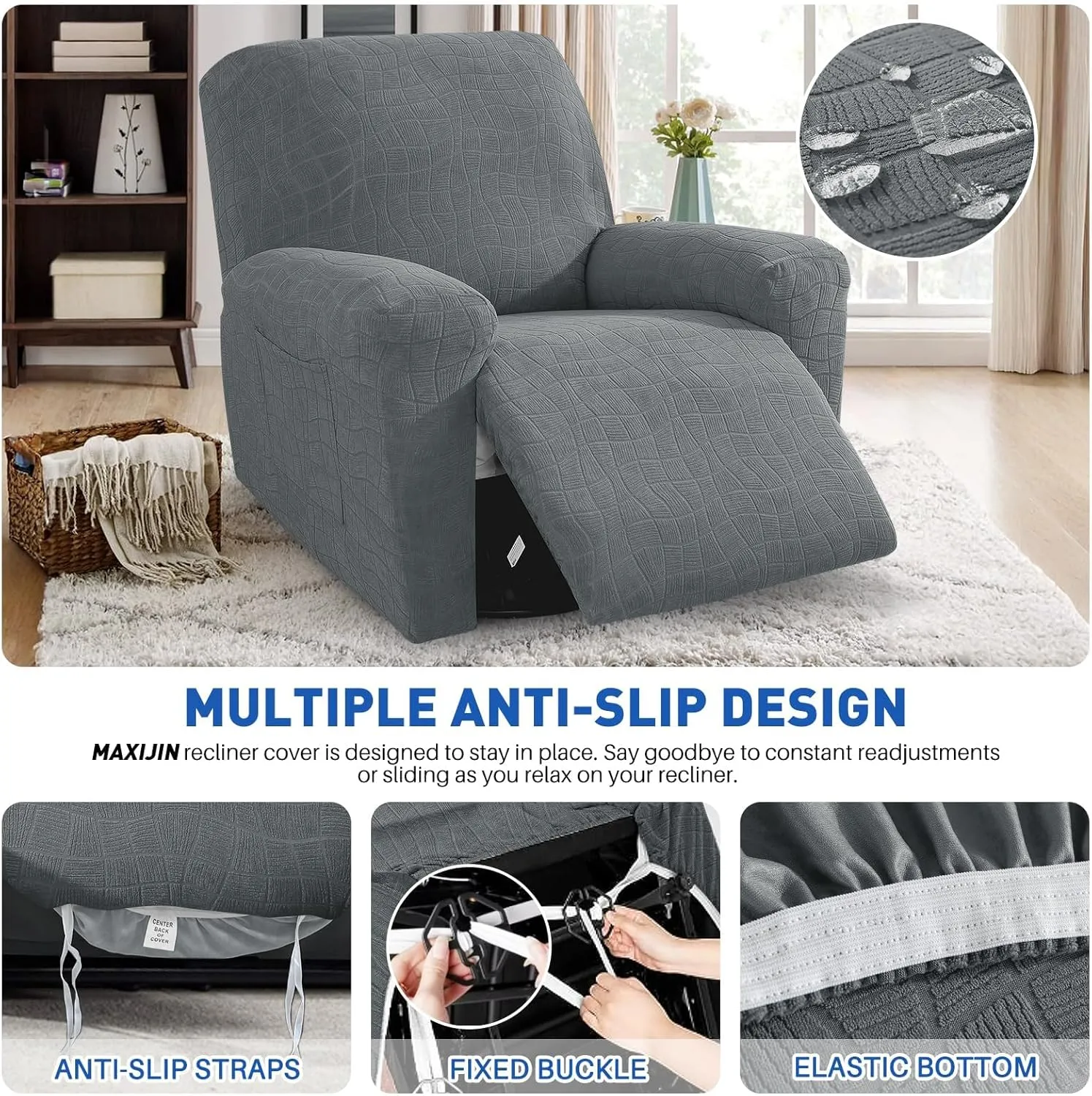 MAXIJIN Waterproof Recliner Chair Covers 3 Pieces Recliner Cover That Stay in Place, Washable Lazy Boy Recliner Slipcovers with Pockets Reclining Protector for Pet, Kids (Recliner, Light Gray)