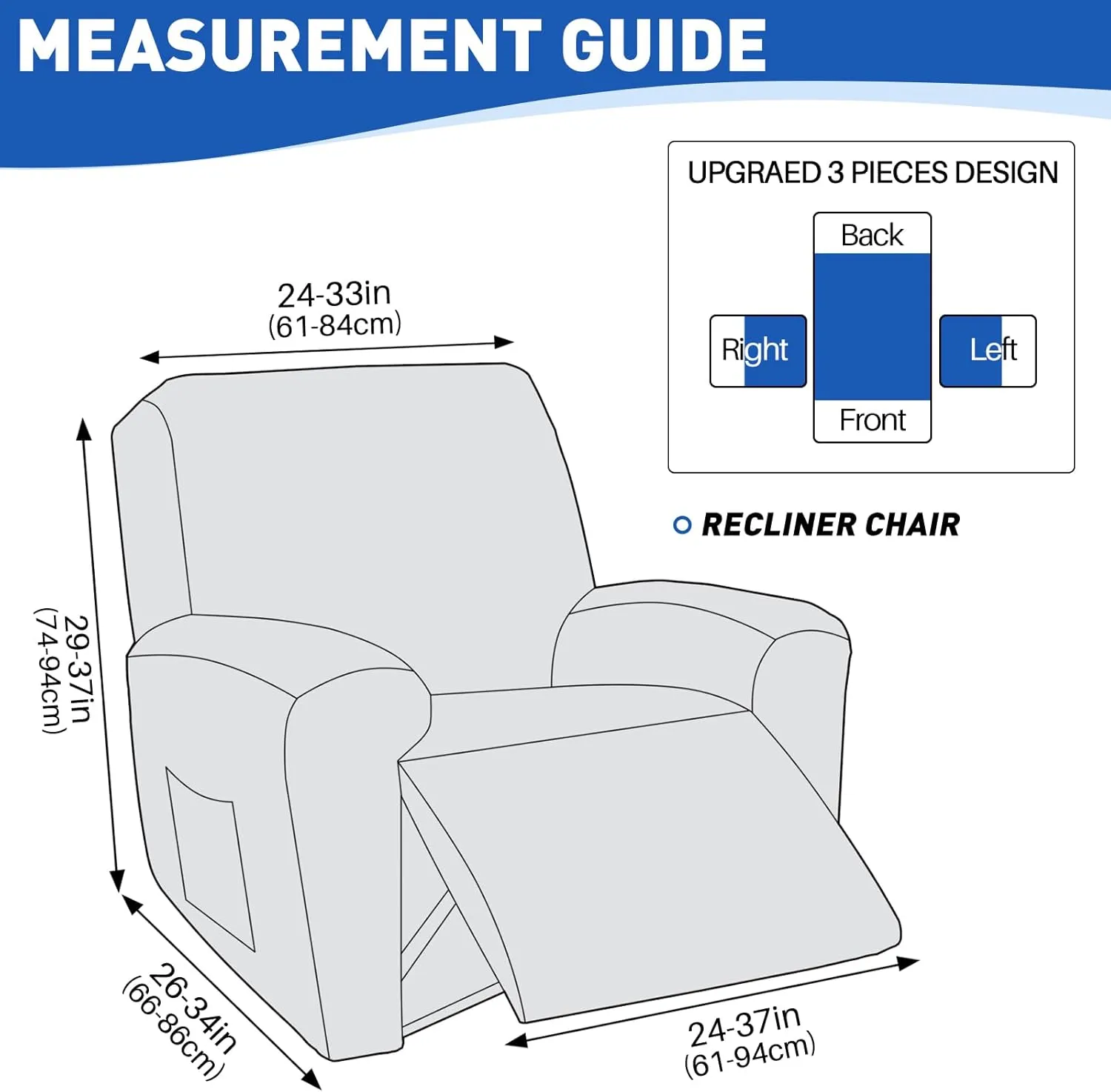 MAXIJIN Waterproof Recliner Chair Covers 3 Pieces Recliner Cover That Stay in Place, Washable Lazy Boy Recliner Slipcovers with Pockets Reclining Protector for Pet, Kids (Recliner, Light Gray)