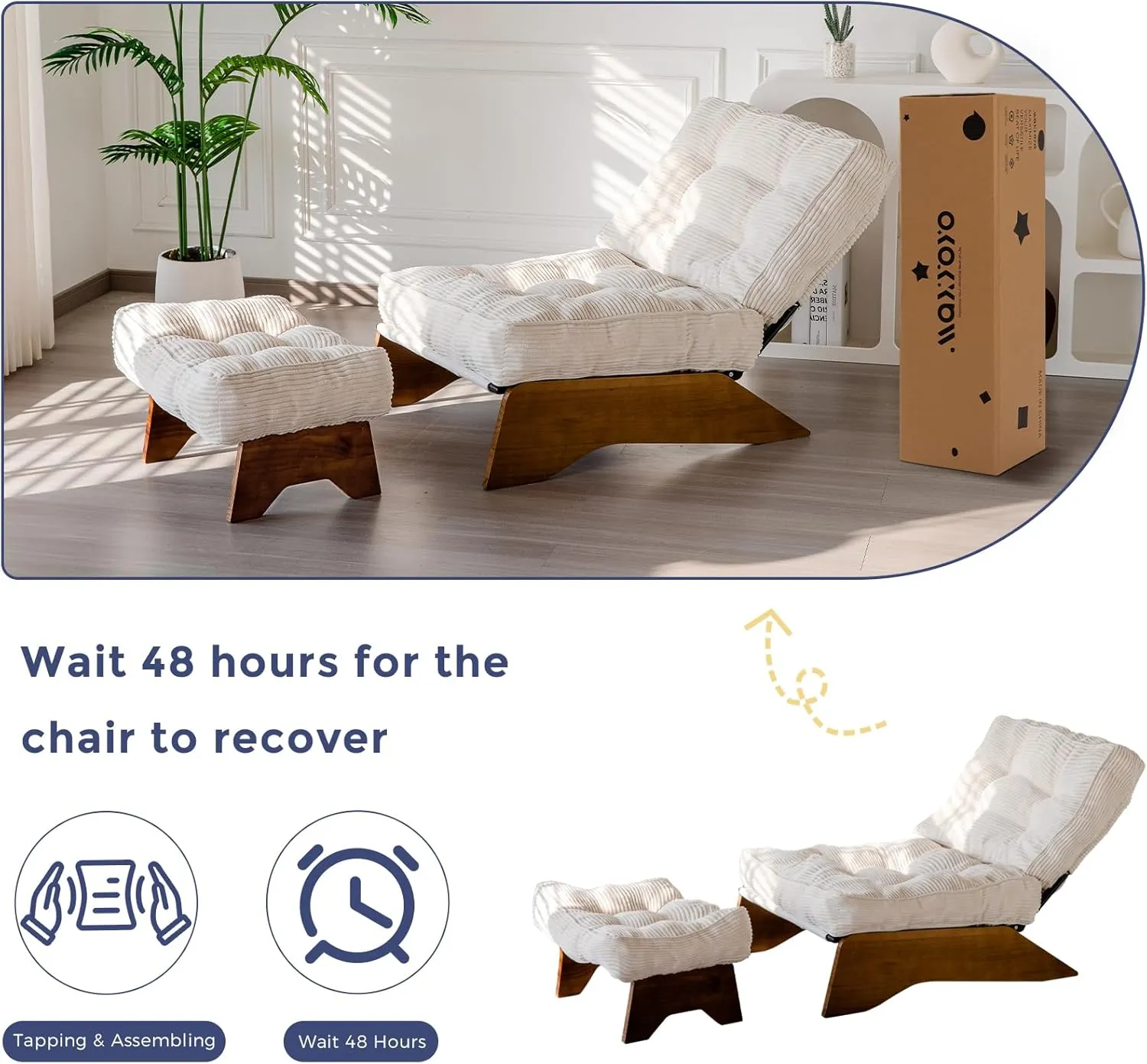 MAXYOYO Accent Chair with Ottoman Adjustable Backrest, Tufted Living Room Chair Upholstered Lounge Chair with Footrest Set, Modern Chair Cozy Reclining Chair for Reading Room, Beige