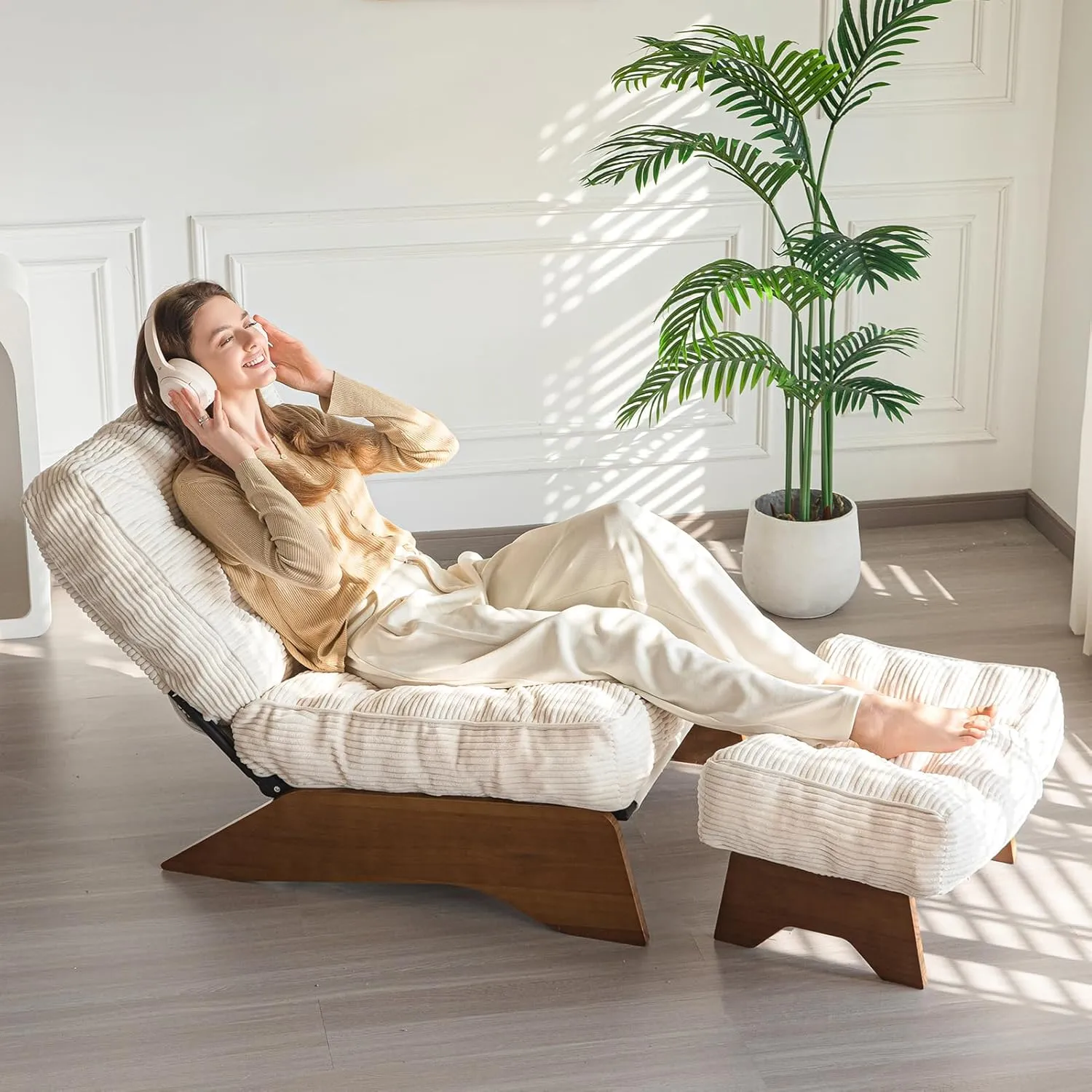 MAXYOYO Accent Chair with Ottoman Adjustable Backrest, Tufted Living Room Chair Upholstered Lounge Chair with Footrest Set, Modern Chair Cozy Reclining Chair for Reading Room, Beige