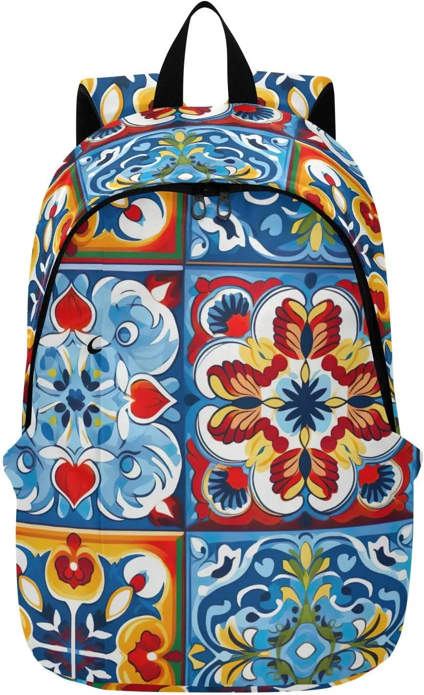 MCHIVER Travel Backpack Mexican Ceramic Tiles Flowers Casual Daypack Backpacks Lightweight Carry on Bag Water Resistant Hiking Backpack for Men and Women
