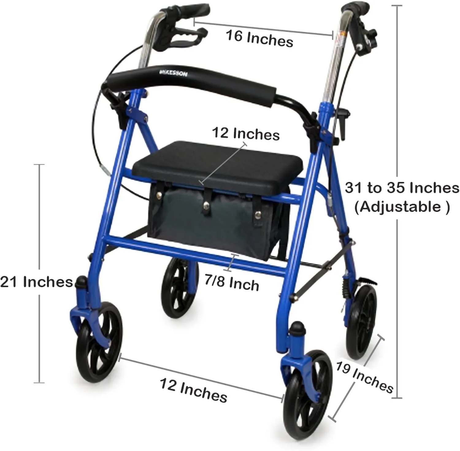 McKesson Rollator Walker with Seat and Wheels - Adjustment Knob, Folding Storage, Steel, 300 lbs Weight Capacity - Blue, 1 Count
