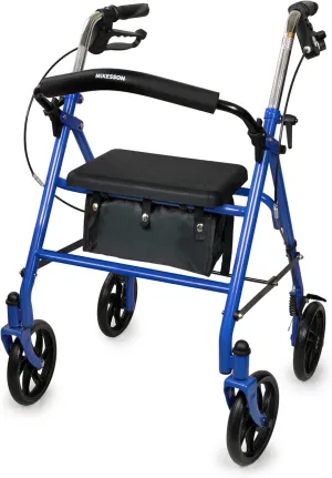 McKesson Rollator Walker with Seat and Wheels - Adjustment Knob, Folding Storage, Steel, 300 lbs Weight Capacity - Blue, 1 Count