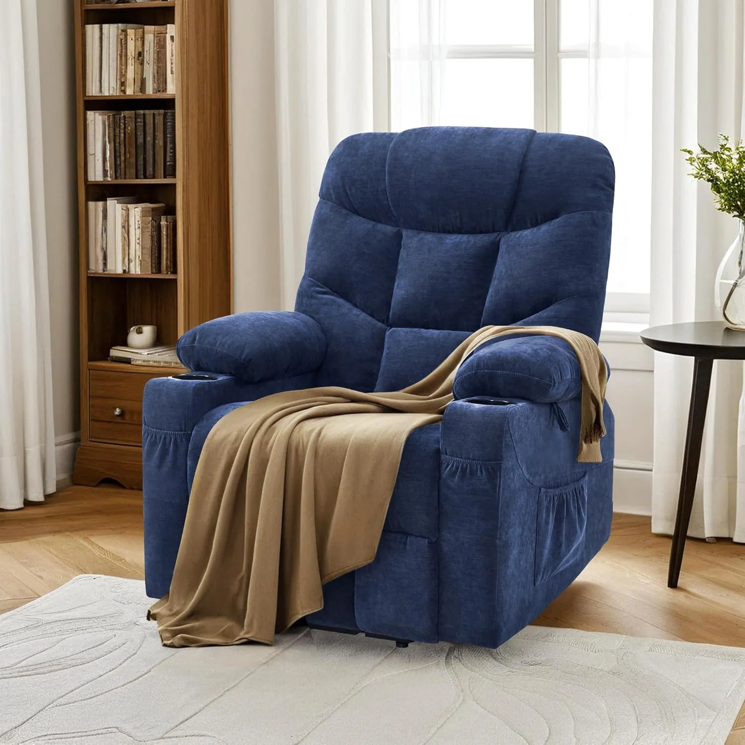 MCombo Power Lift Recliner Chair with Extended Footrest for Elderly People, Fabric 7287 (Navy Blue, Medium-Regular)
