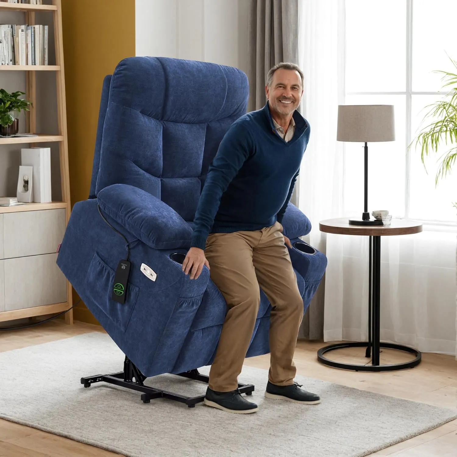 MCombo Power Lift Recliner Chair with Extended Footrest for Elderly People, Fabric 7287 (Navy Blue, Medium-Regular)