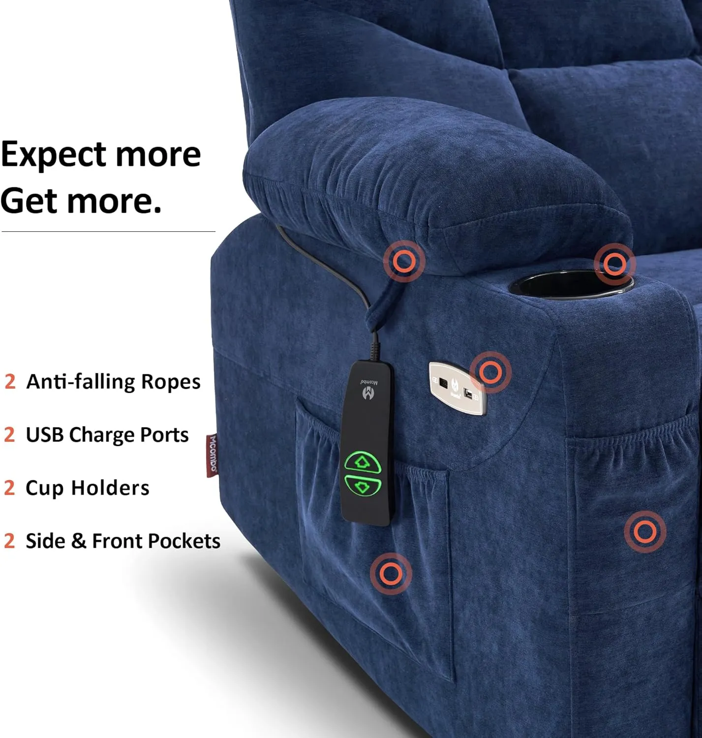 MCombo Power Lift Recliner Chair with Extended Footrest for Elderly People, Fabric 7287 (Navy Blue, Medium-Regular)