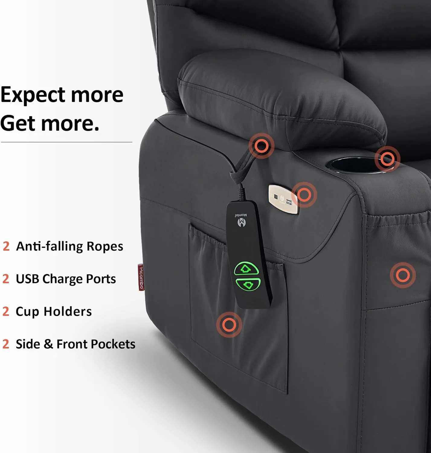MCombo Power Lift Recliner Chair with Extended Footrest for Elderly People, Faux Leather 7287 (Black, Medium-Regular)