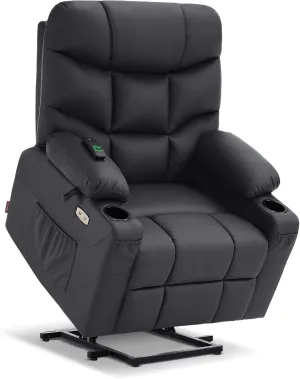 MCombo Power Lift Recliner Chair with Extended Footrest for Elderly People, Faux Leather 7287 (Black, Medium-Regular)
