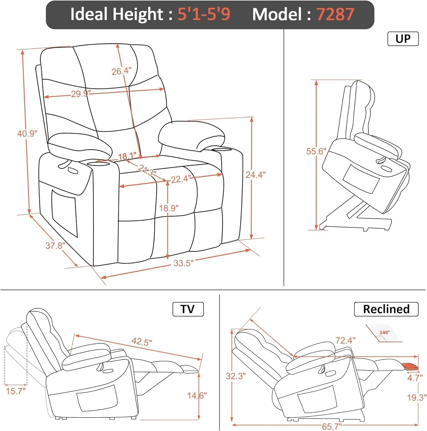 MCombo Power Lift Recliner Chair with Extended Footrest for Elderly People, Faux Leather 7287 (Black, Medium-Regular)