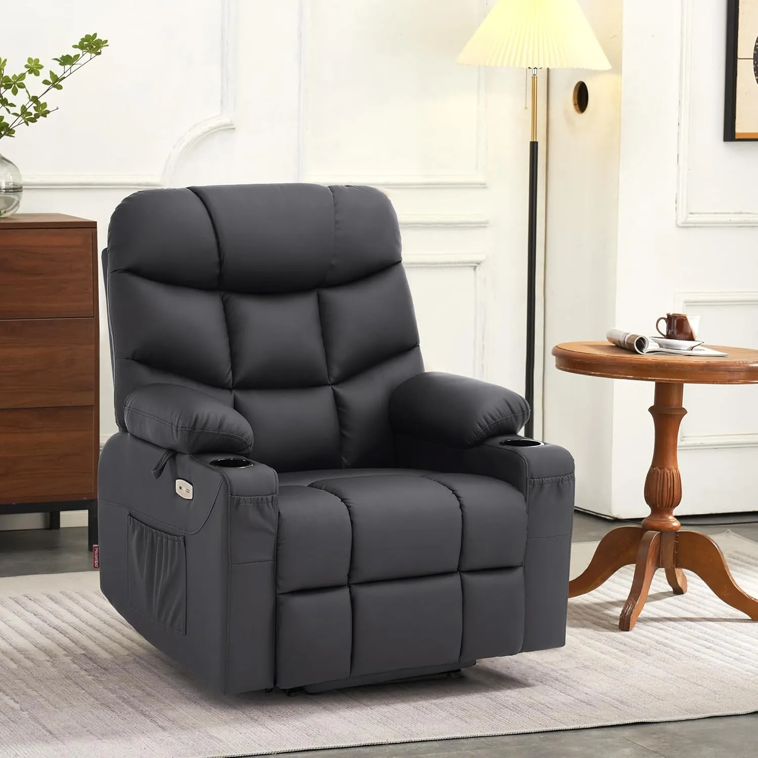 MCombo Power Lift Recliner Chair with Extended Footrest for Elderly People, Faux Leather 7287 (Black, Medium-Regular)