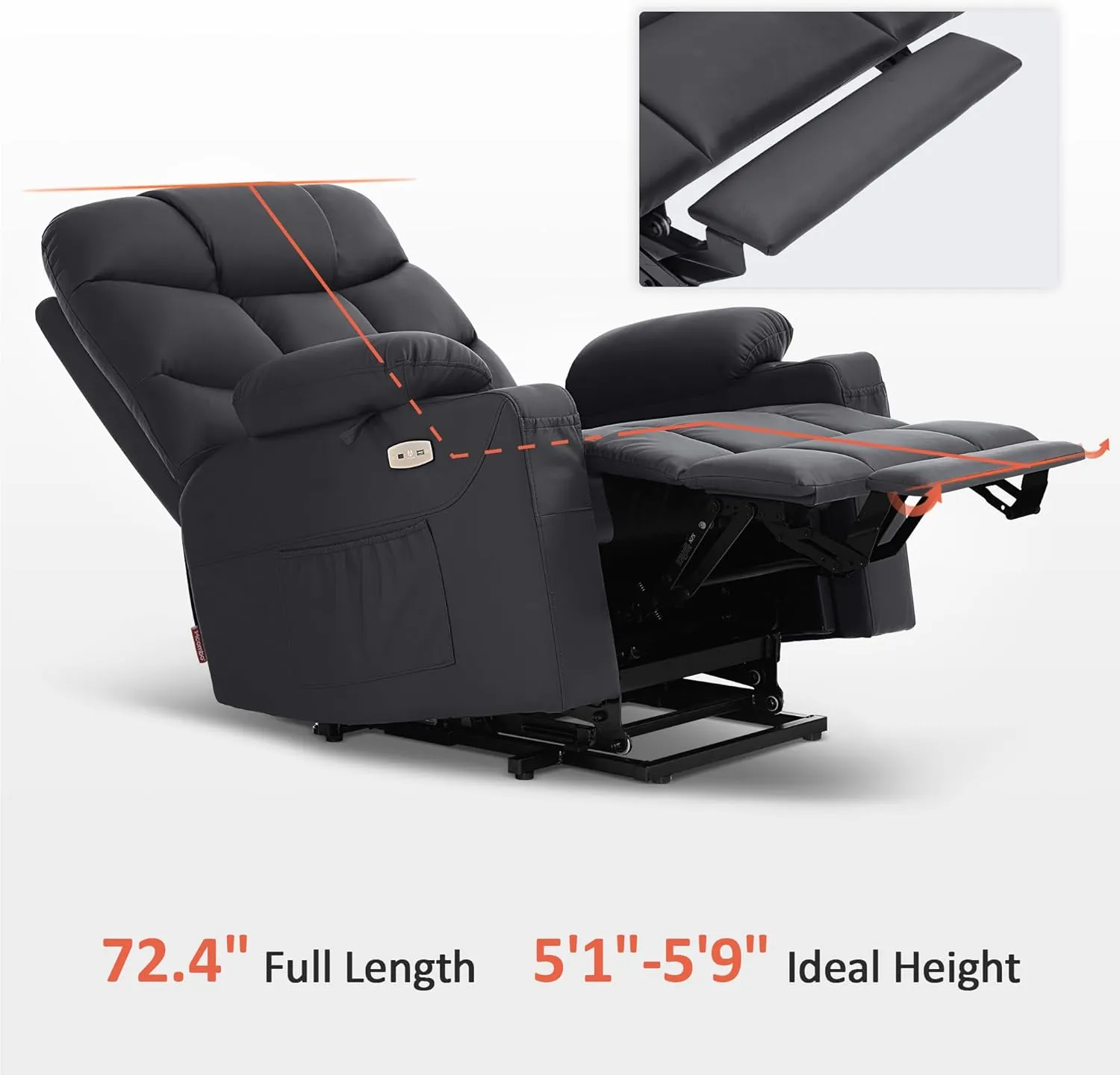 MCombo Power Lift Recliner Chair with Extended Footrest for Elderly People, Faux Leather 7287 (Black, Medium-Regular)