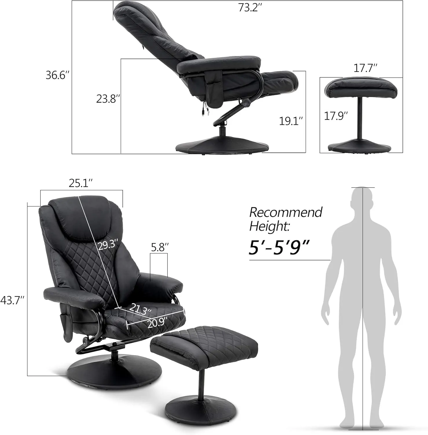 MCombo Recliner with Ottoman, Reclining Chair with Massage, 360 Swivel Living Room Chair Faux Leather, 4901 (Black)