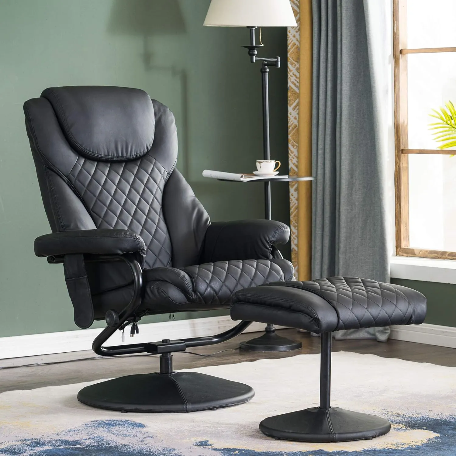 MCombo Recliner with Ottoman, Reclining Chair with Massage, 360 Swivel Living Room Chair Faux Leather, 4901 (Black)