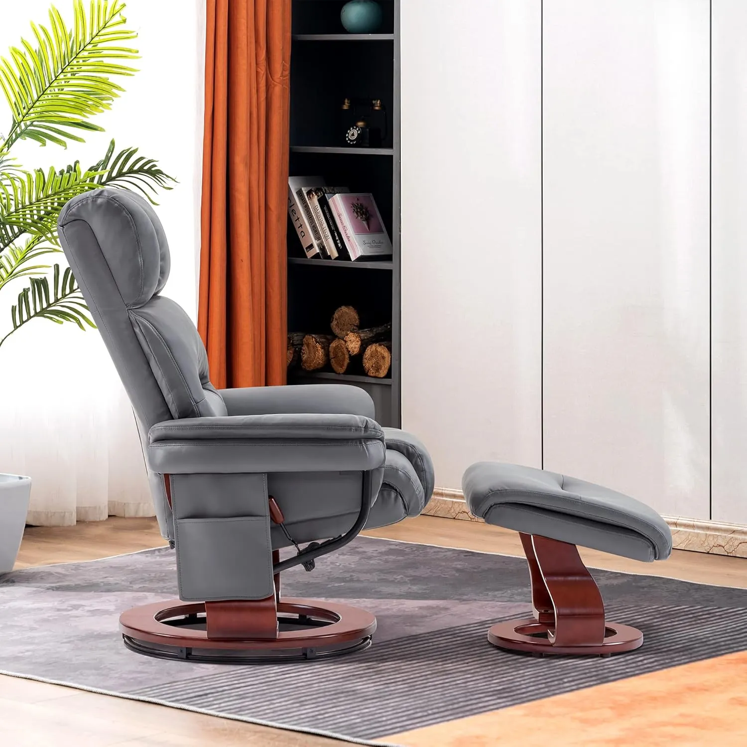 MCombo Swivel Recliners with Ottoman, Reclining TV Chairs with Vibration Massage, Faux Leather Ergonomic Lounge Chair for Living Room Bedroom 4832 (Grey)