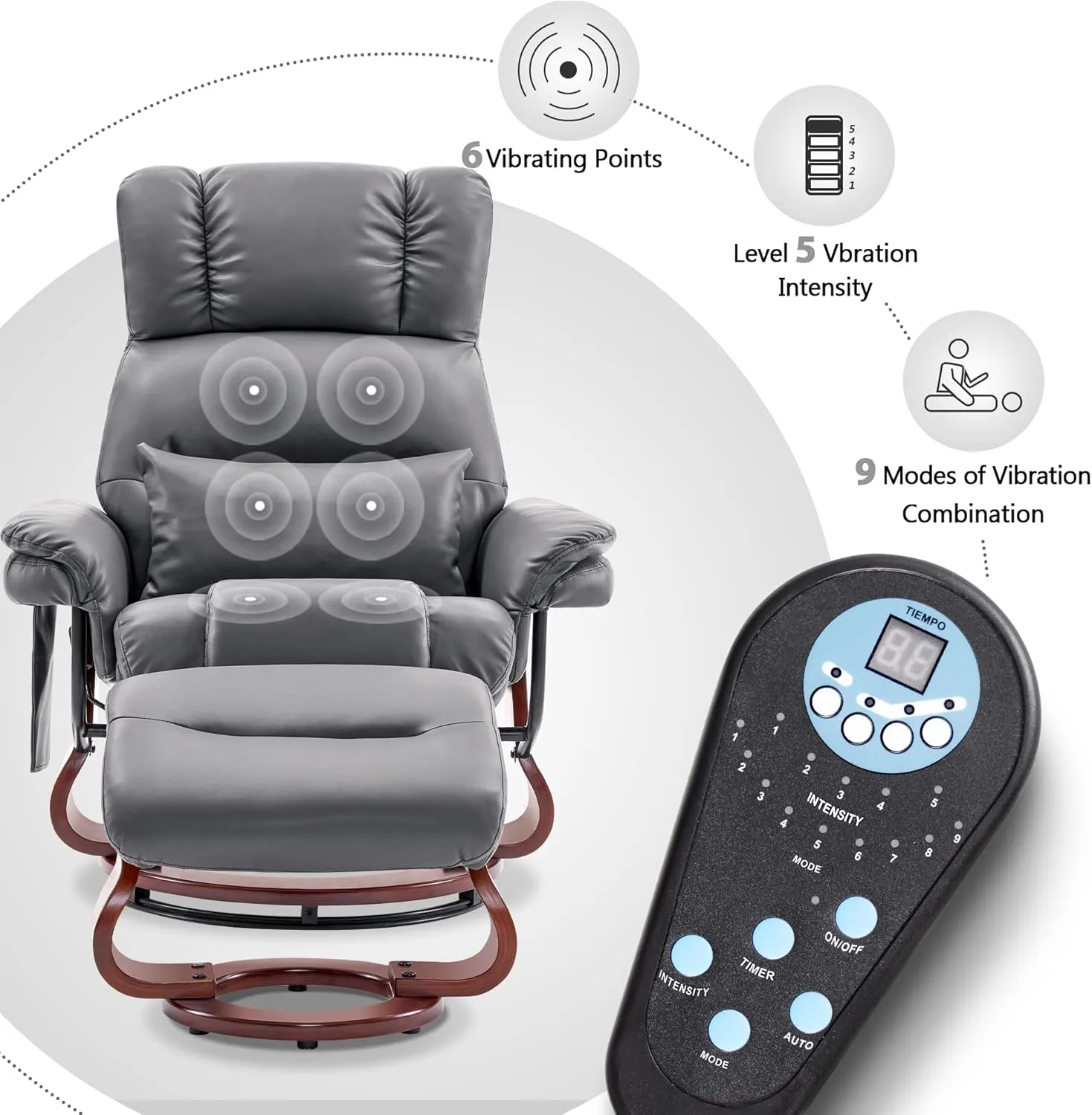 MCombo Swivel Recliners with Ottoman, Reclining TV Chairs with Vibration Massage, Faux Leather Ergonomic Lounge Chair for Living Room Bedroom 4832 (Grey)