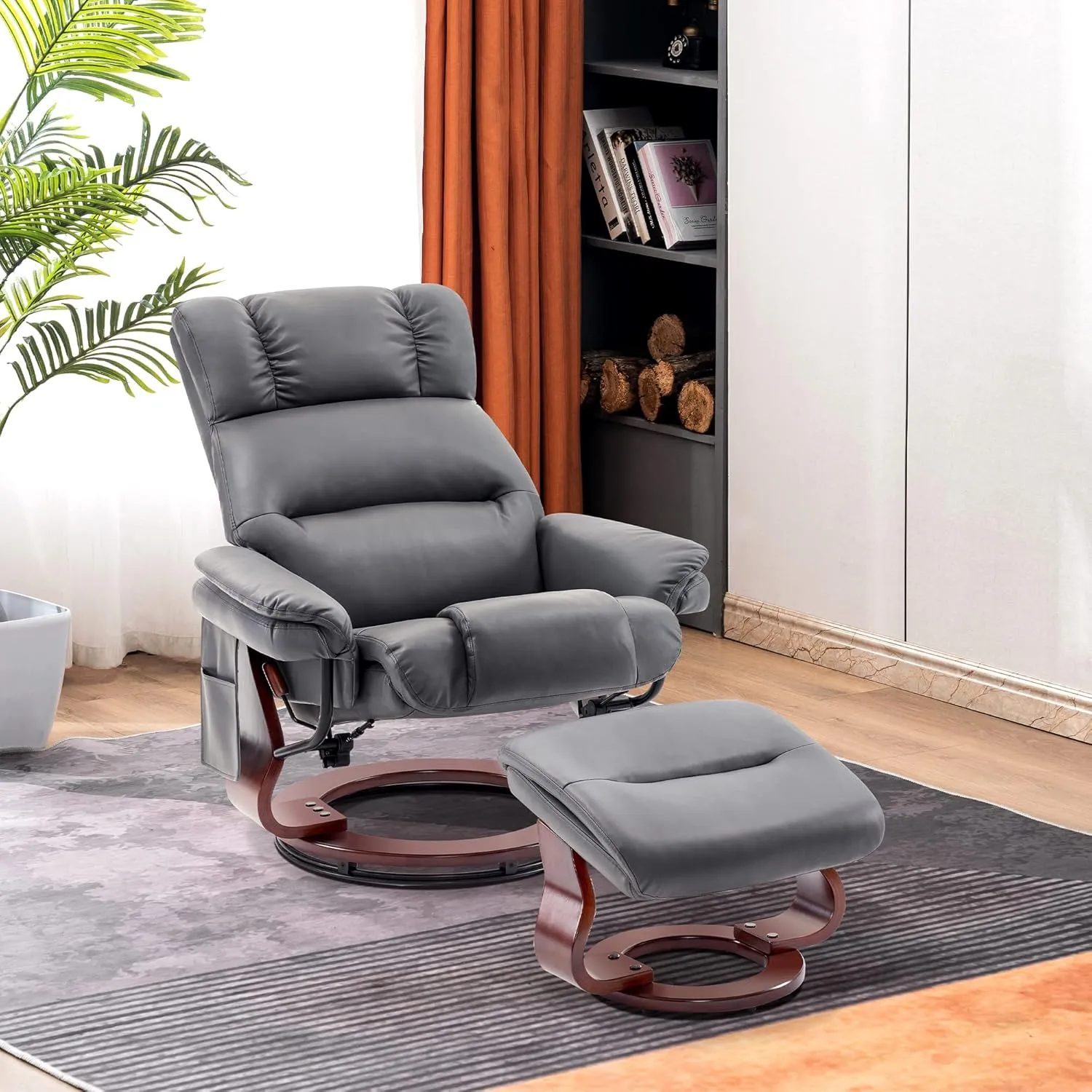 MCombo Swivel Recliners with Ottoman, Reclining TV Chairs with Vibration Massage, Faux Leather Ergonomic Lounge Chair for Living Room Bedroom 4832 (Grey)