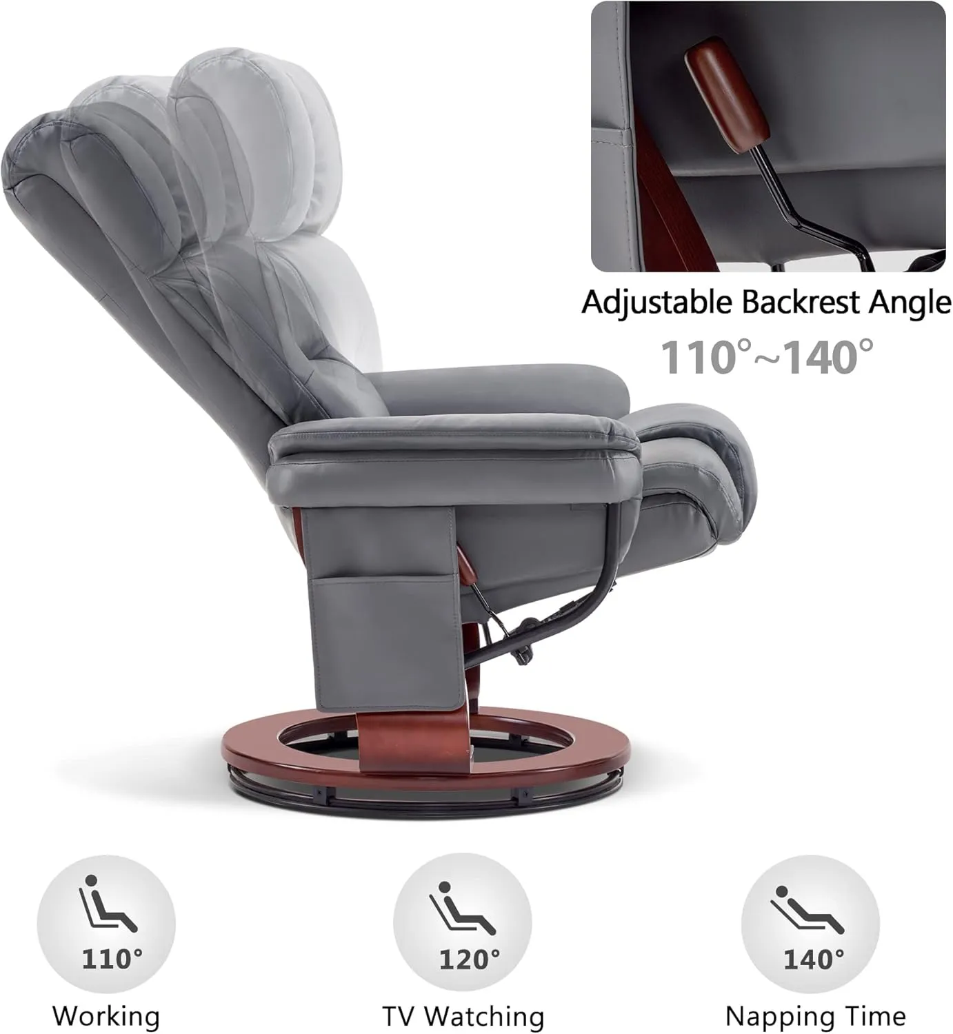 MCombo Swivel Recliners with Ottoman, Reclining TV Chairs with Vibration Massage, Faux Leather Ergonomic Lounge Chair for Living Room Bedroom 4832 (Grey)