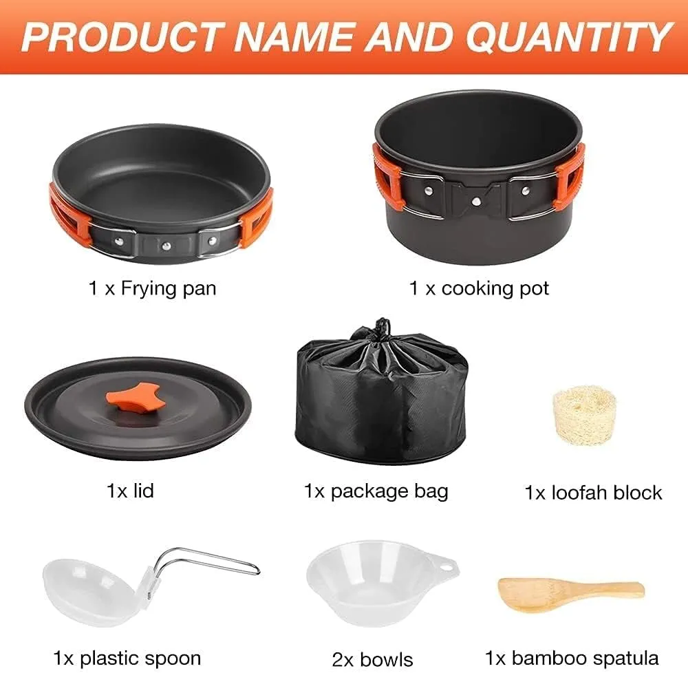 MDybf Camping Cookware Kit Portable Kitchen Cooking with Folding Handle Travel Tableware Lightweight Bowls Utensil Pot Pan Set for 1 to 2 People Outdoor Backpacking Hiking Picnic Camping BBQ