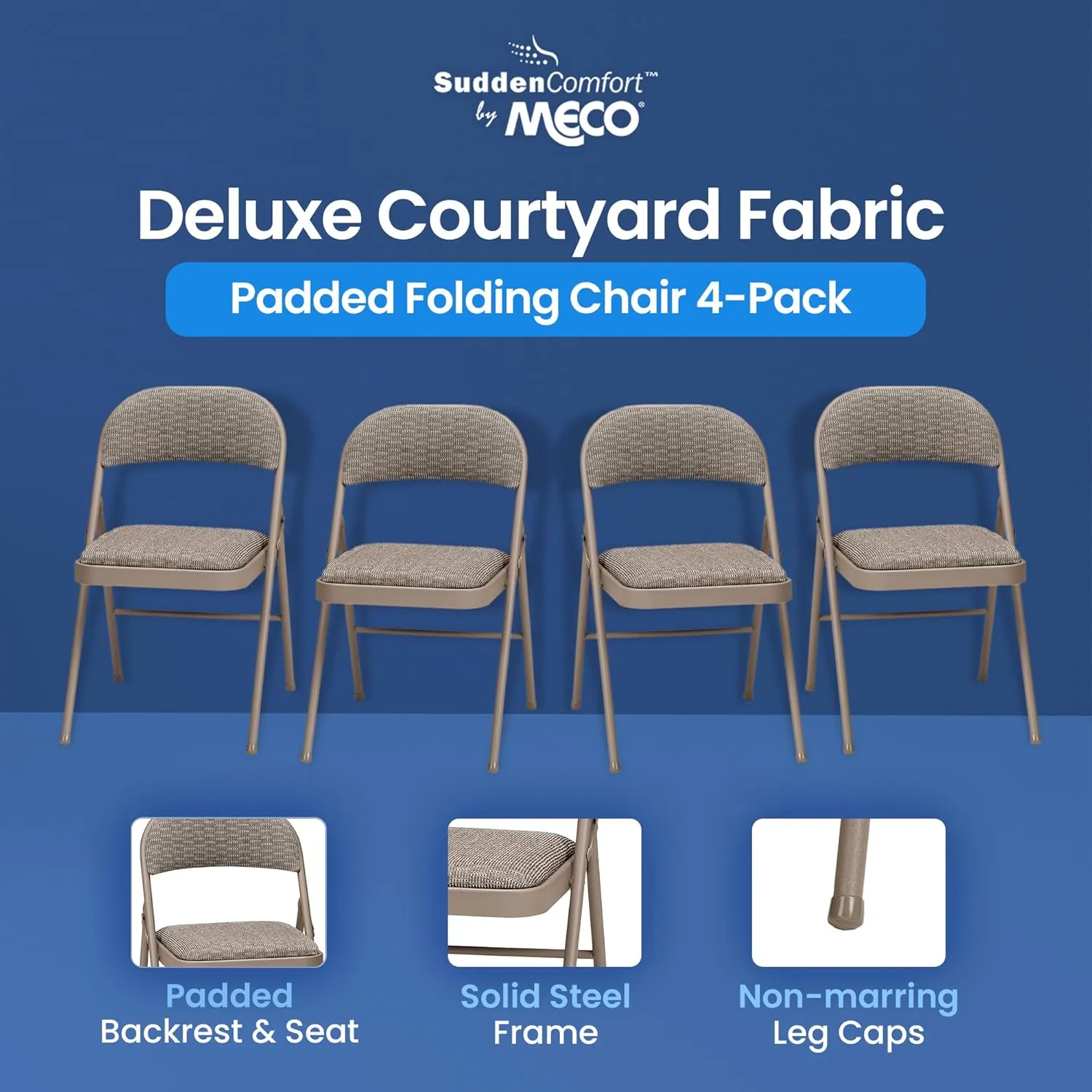MECO 4 Pack Padded Folding Chairs, Cushioned Courtyard Fabric Foldable Chair, Chicory Lace