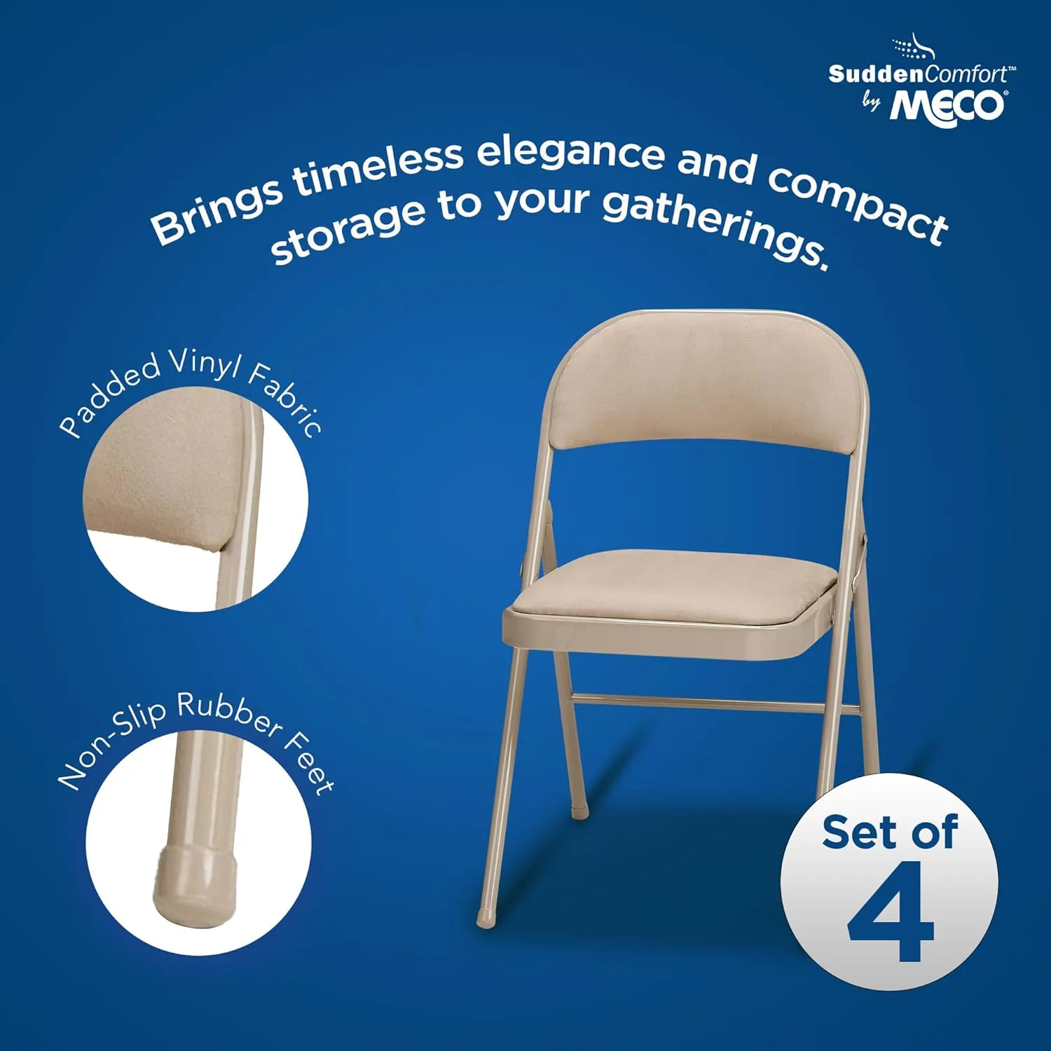 MECO 4 Pack Padded Folding Chairs, Cushioned Sand Fabric Foldable Chair, Buff