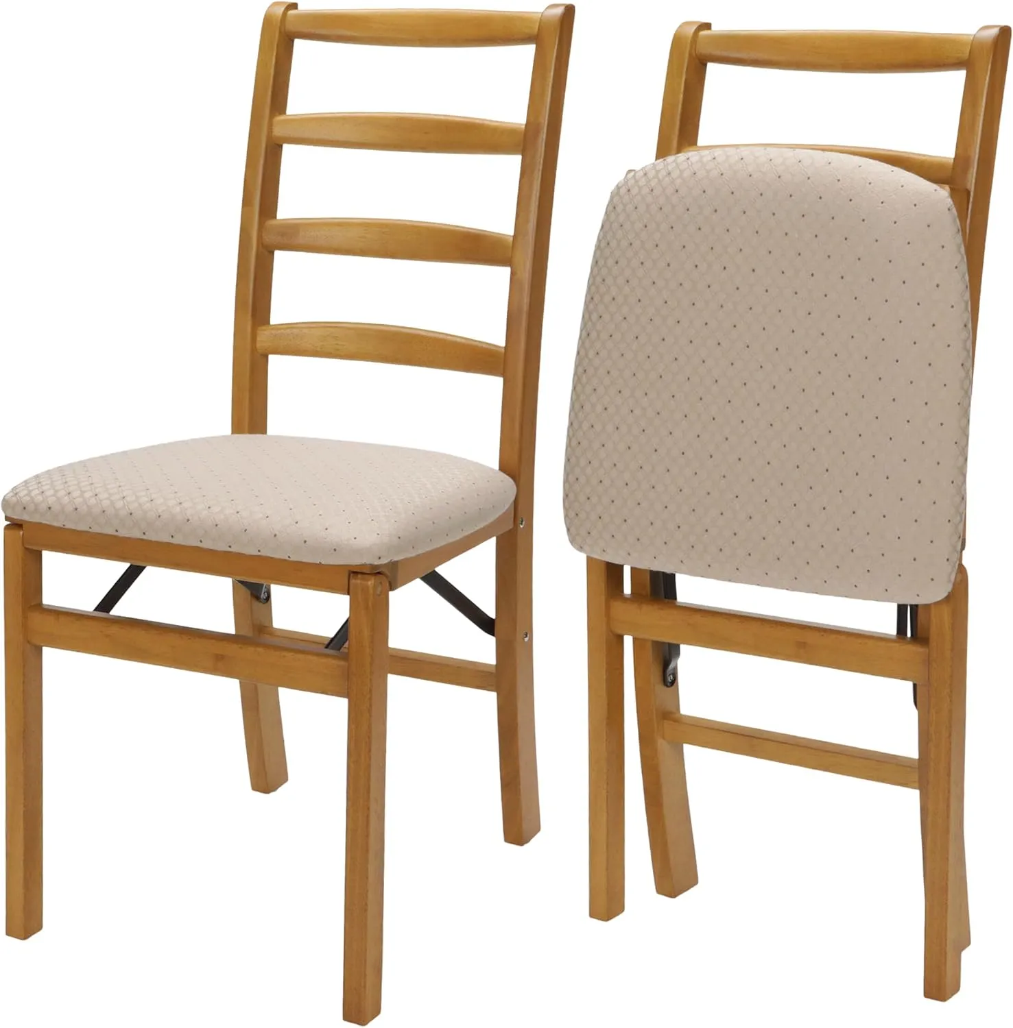 MECO Stakmore Shaker Ladderback Wooden Folding Chairs with Padded Seats, Set of 2 - No Assembly Foldable Dining Chairs, Steel Folding Mechanism, Upholstered Leather Cushion, Space-Saving, Oak Frame