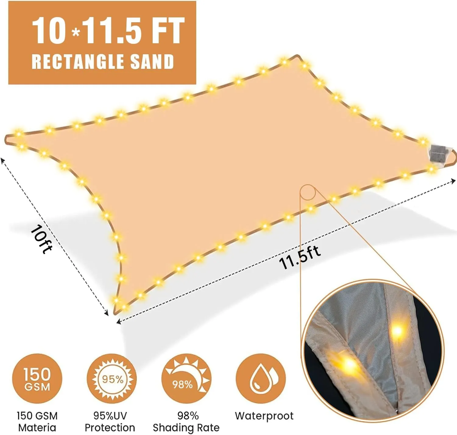 MeetYr Life LED Shade Sail Waterproof 10x11.5FT Built-in LED String Light All-in-One Shade Sail with 98% UV Protection for Patio, Deck, Garden