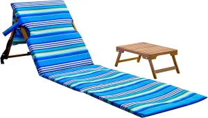 Melino Portable Beach Mat Lounge Chair and Wooden Table – Heavy Duty Folding Lounger Backpack for Adults, Outdoor, Pool, Lawn, Patio, and Tanning, Stripe Pattern