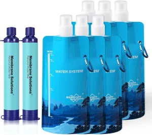 Membrane Solutions Squeezable Water Filtration System, Survival Water Purifier Kit, Portable Backpacking Gear Including Water Filter Straw and 23oz Collapsible Bottle for Hiking Camping Travel(2 6)