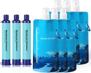 Membrane Solutions Squeezable Water Filtration System, Survival Water Purifier Kit, Portable Backpacking Gear Including Water Filter Straw and 23oz Collapsible Bottle for Hiking Camping Travel(3 6)