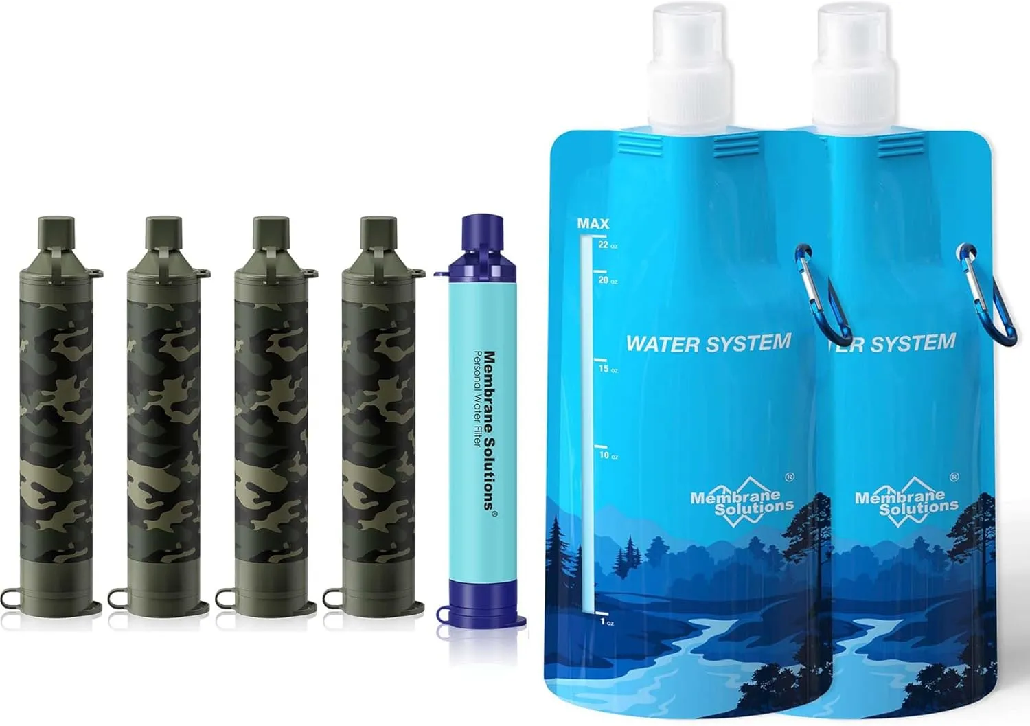 Membrane Solutions Squeezable Water Filtration System, Survival Water Purifier Kit, Portable Backpacking Gear Including Water Filter Straw and 23oz Collapsible Bottle for Hiking Camping Travel(5 2)