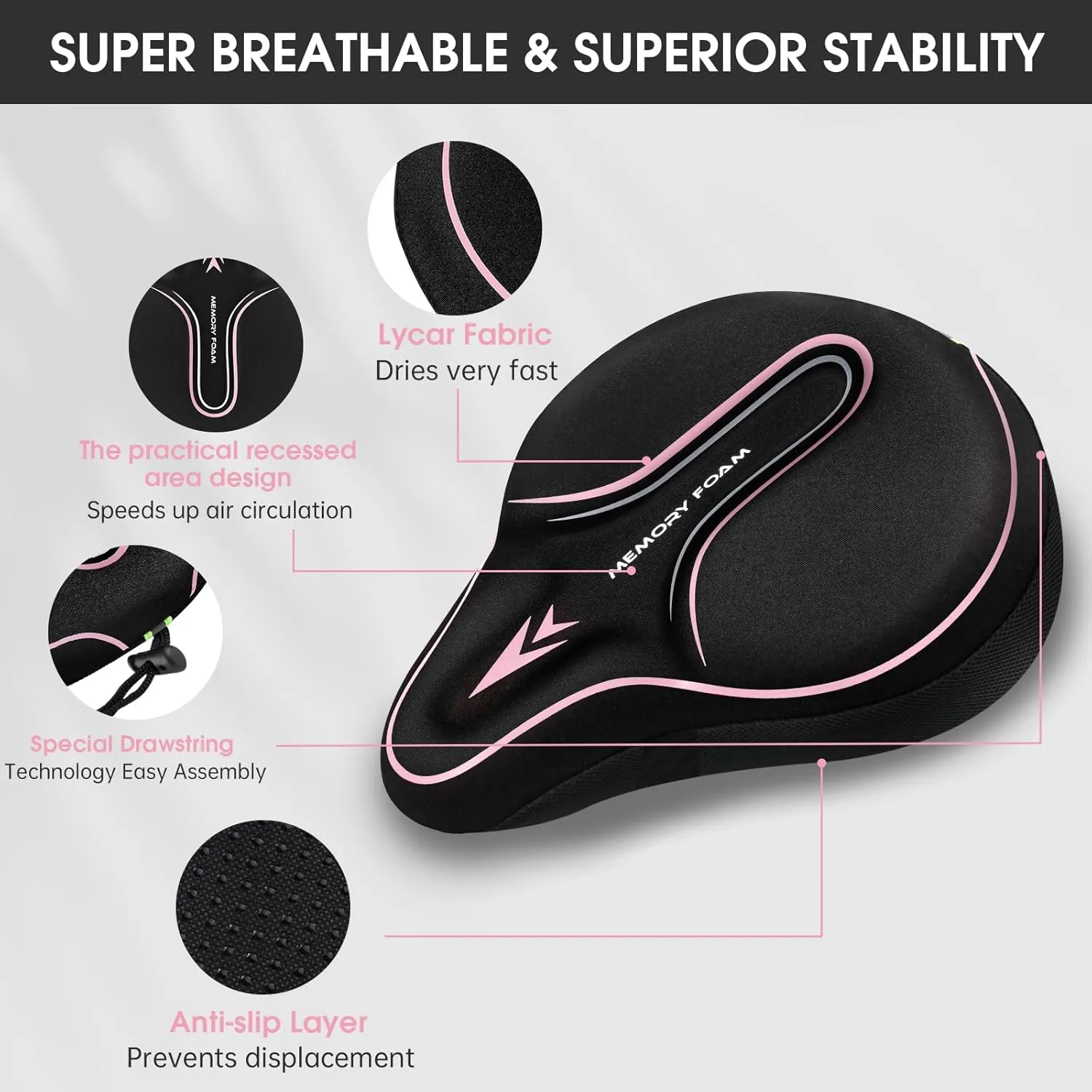 Memory Foam Bike Seat Cover Padded, Soft Bike Cushion for Men & Women, Comfortable Bike Accessories for Bike, Outdoor Indoor Cycling