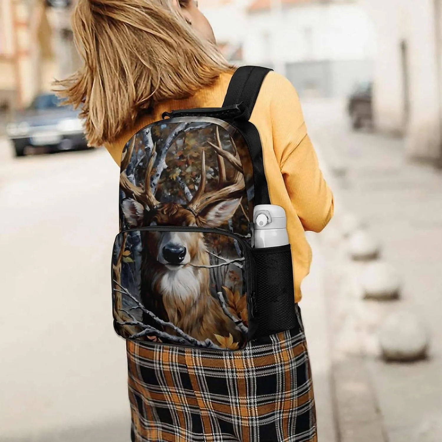Men & Women Lightweight Camo Elk Deer Withered Branches Casual Daypack Large Capacity Bookbag With Adjustable Shoulder Straps for Gym Business Bicycle