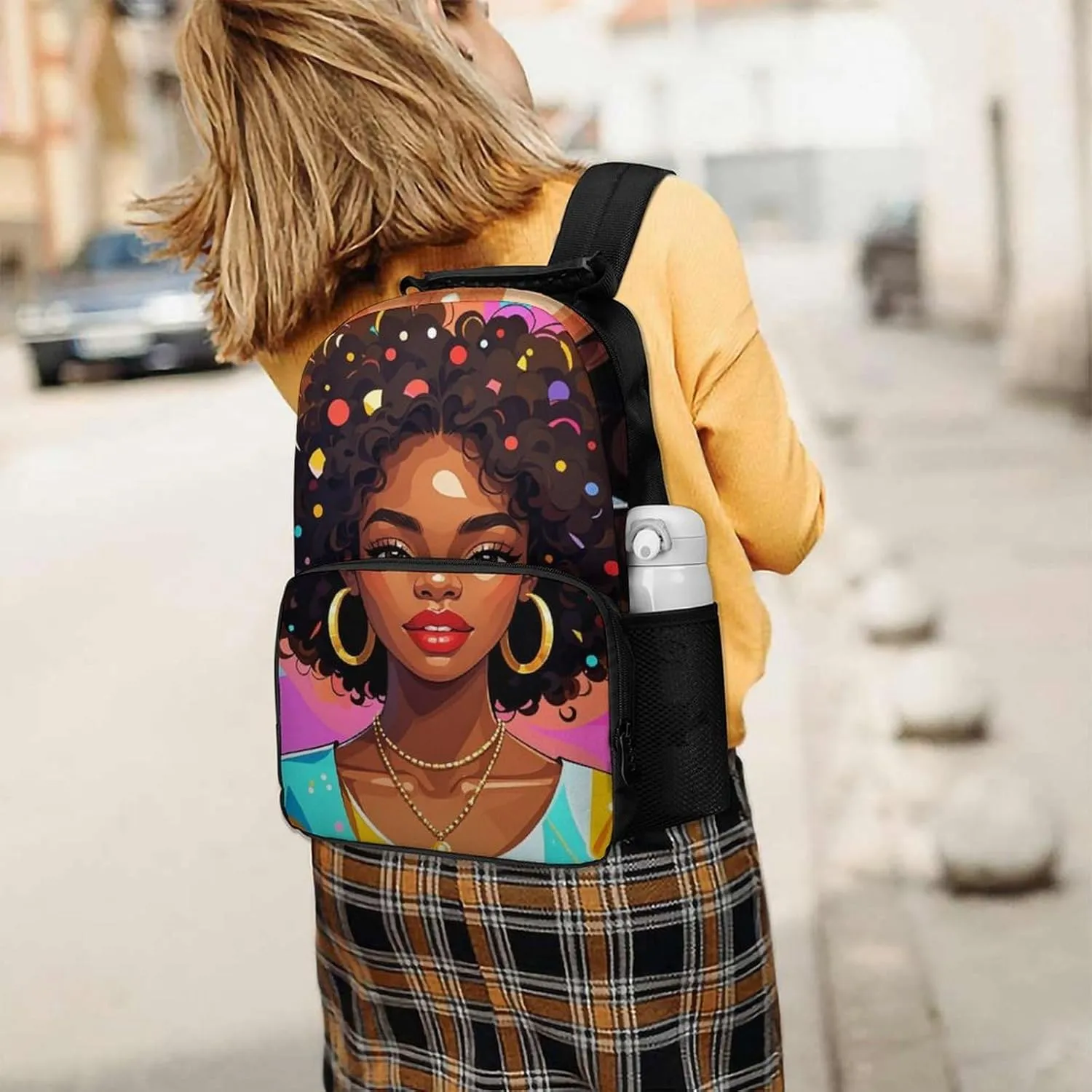 Men & Women Lightweight Chic Cartoon Black Woman African American Woman Art Casual Daypack Large Capacity Bookbag With Adjustable Shoulder Straps for Gym Business Bicycle