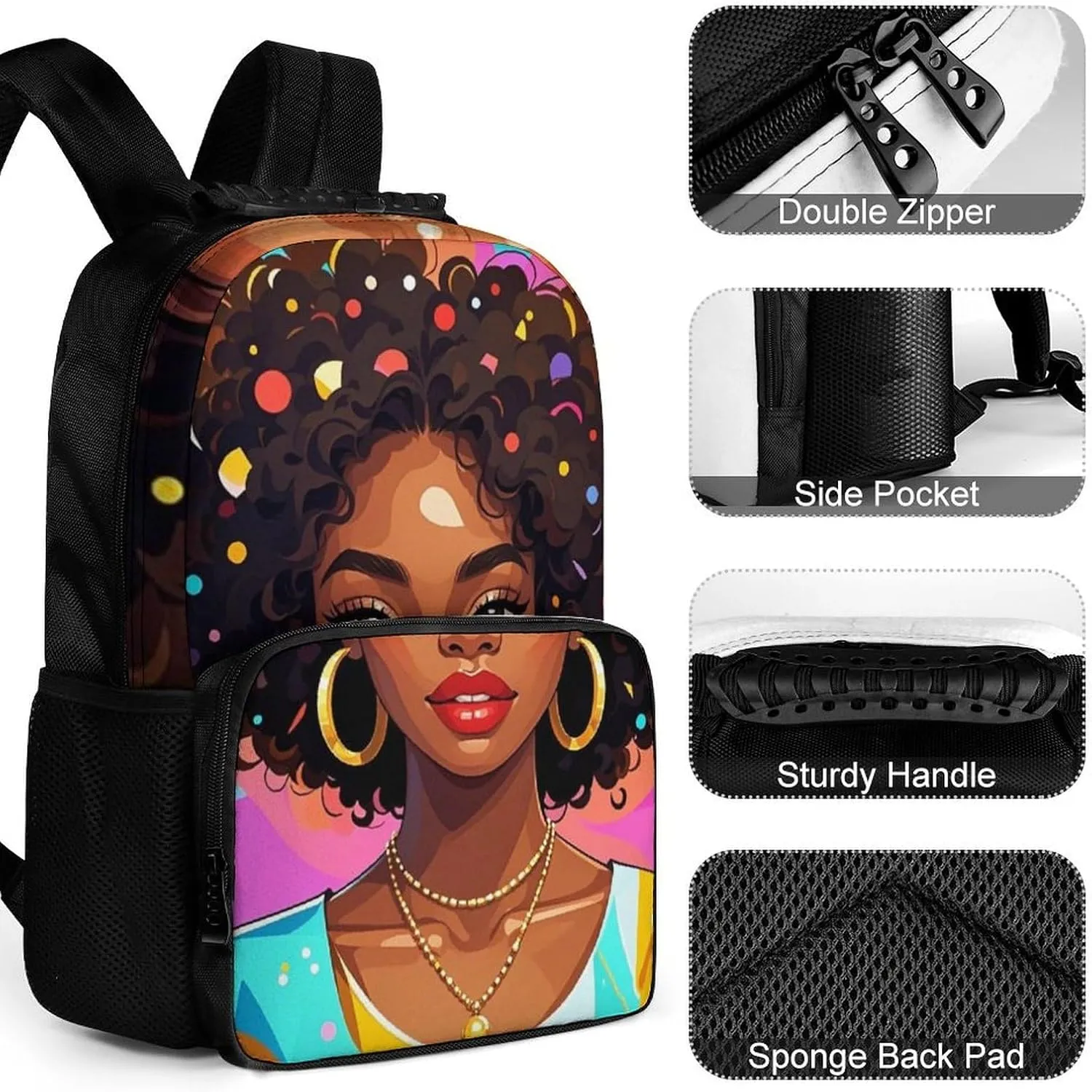 Men & Women Lightweight Chic Cartoon Black Woman African American Woman Art Casual Daypack Large Capacity Bookbag With Adjustable Shoulder Straps for Gym Business Bicycle