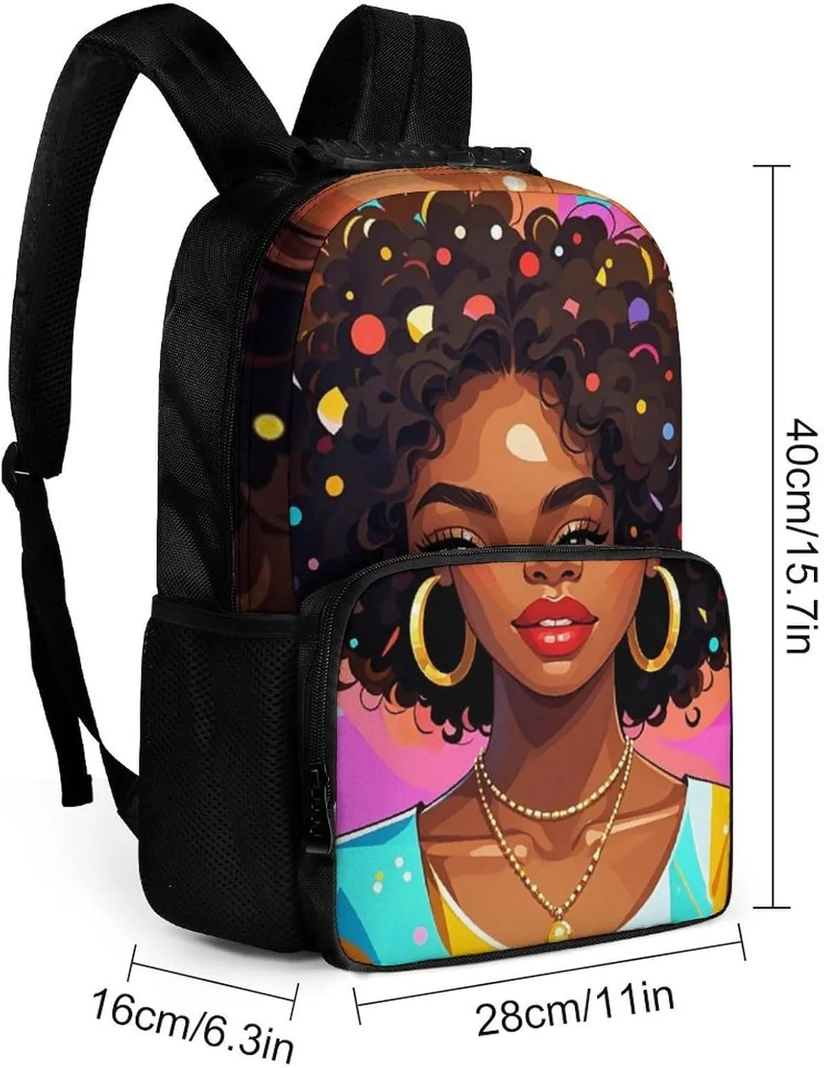 Men & Women Lightweight Chic Cartoon Black Woman African American Woman Art Casual Daypack Large Capacity Bookbag With Adjustable Shoulder Straps for Gym Business Bicycle