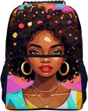 Men & Women Lightweight Chic Cartoon Black Woman African American Woman Art Casual Daypack Large Capacity Bookbag With Adjustable Shoulder Straps for Gym Business Bicycle