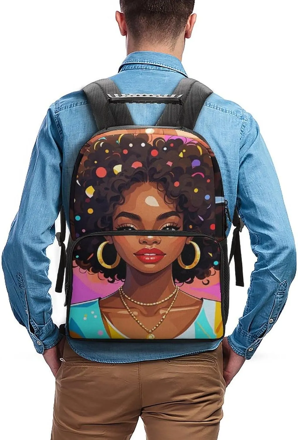 Men & Women Lightweight Chic Cartoon Black Woman African American Woman Art Casual Daypack Large Capacity Bookbag With Adjustable Shoulder Straps for Gym Business Bicycle