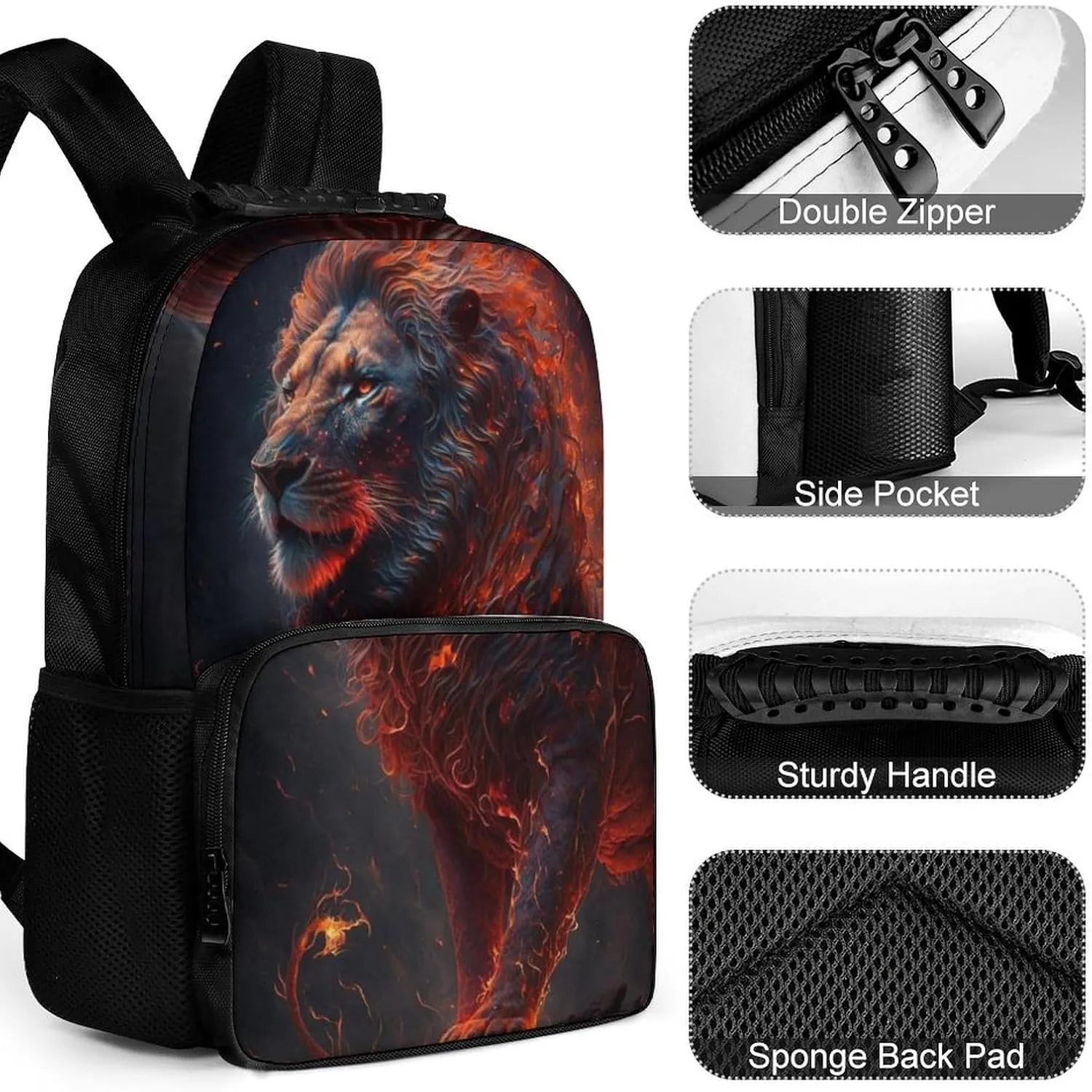 Men & Women Lightweight Cool Lion Fire Surreal Style Art Casual Daypack Large Capacity Bookbag With Adjustable Shoulder Straps for Gym Business Bicycle