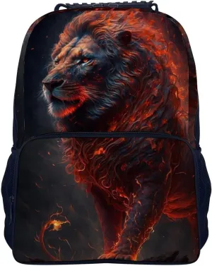 Men & Women Lightweight Cool Lion Fire Surreal Style Art Casual Daypack Large Capacity Bookbag With Adjustable Shoulder Straps for Gym Business Bicycle